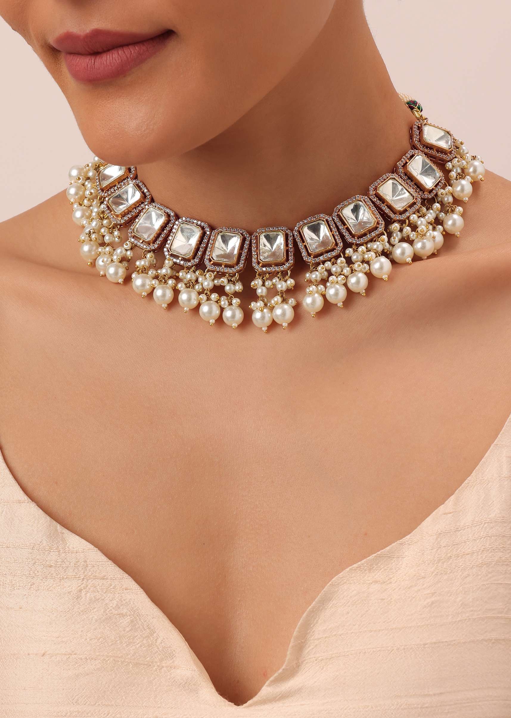12270-gold-finish-kundan-necklace-set-with-pearl-drops-and-geometric-motifs-2.jpg Gold Finish Kundan Necklace Set With Pearl Drops And Geometric Motifs