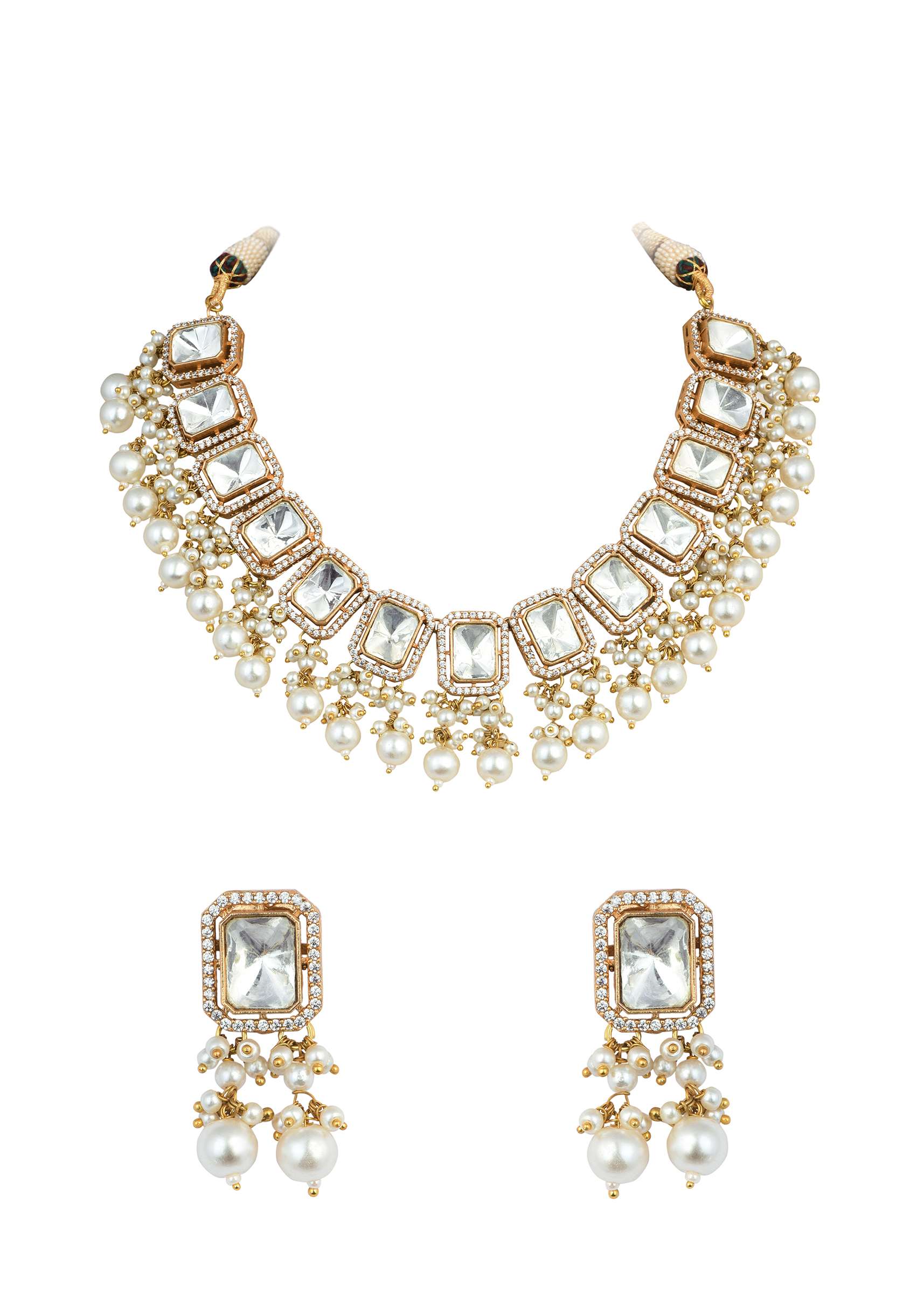 12270-gold-finish-kundan-necklace-set-with-pearl-drops-and-geometric-motifs-4.jpg Gold Finish Kundan Necklace Set With Pearl Drops And Geometric Motifs
