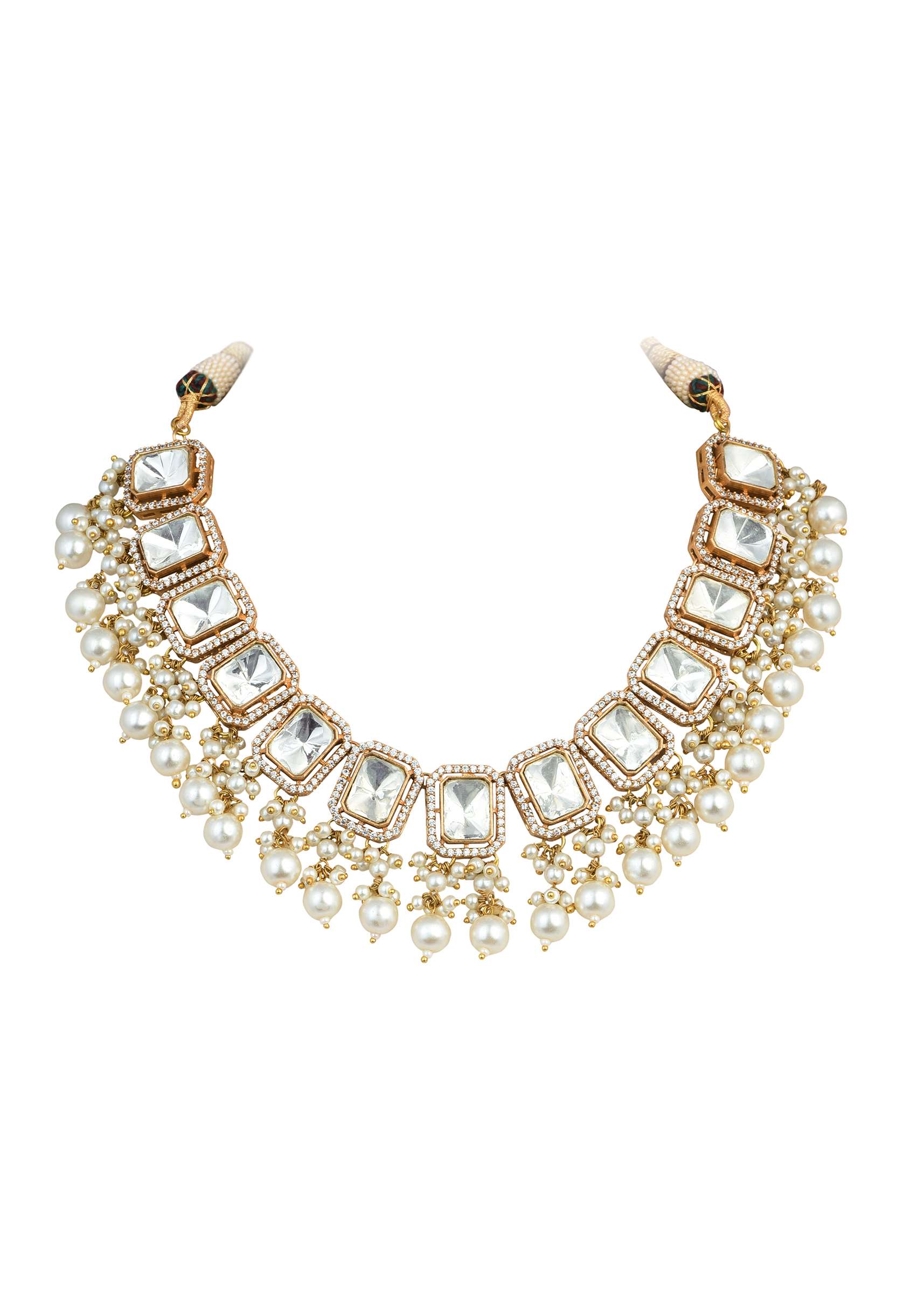 12270-gold-finish-kundan-necklace-set-with-pearl-drops-and-geometric-motifs-5.jpg Gold Finish Kundan Necklace Set With Pearl Drops And Geometric Motifs