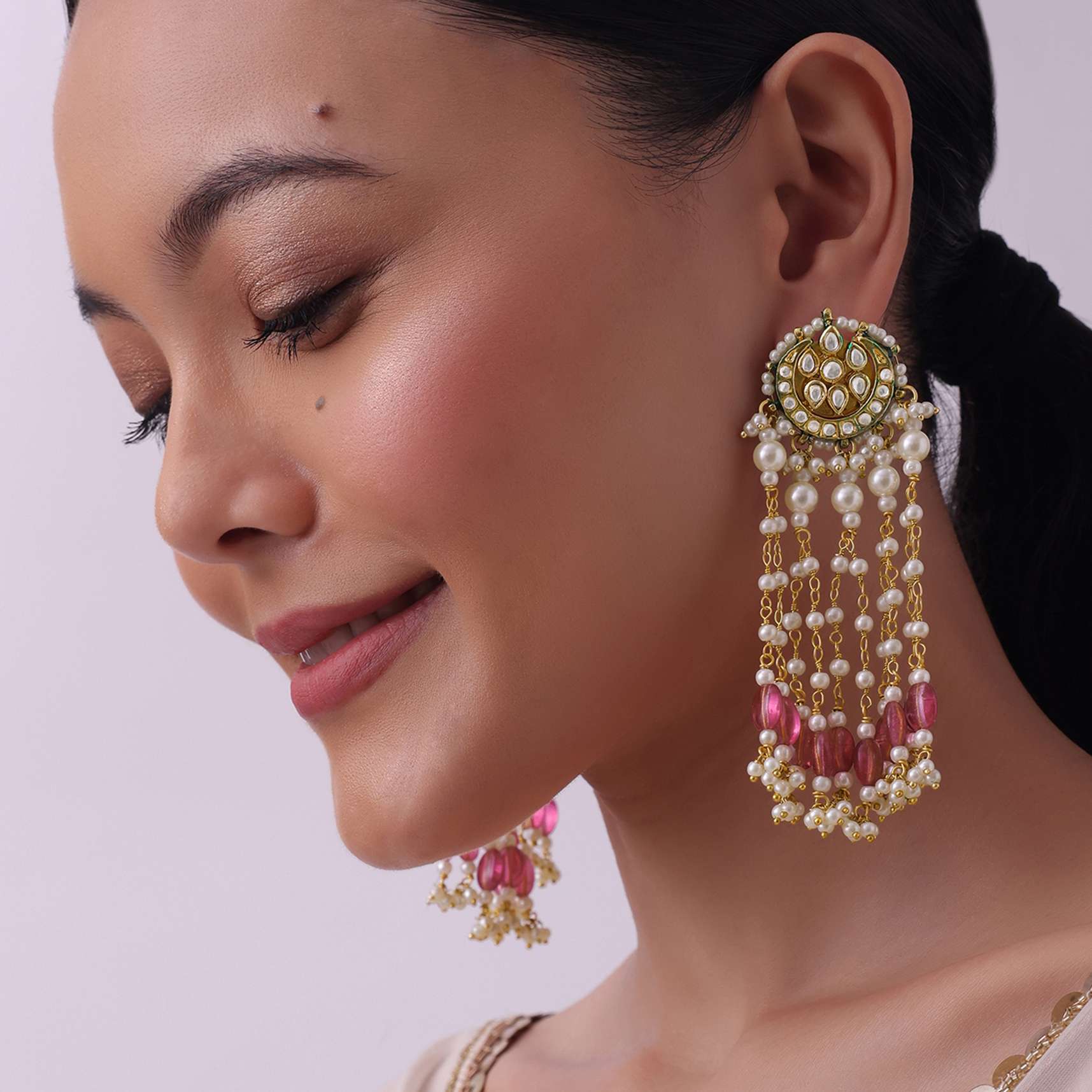 12271-gold-finish-mix-metal-danglers-with-pink-beads-1.jpg Gold Finish Mix Metal Danglers With Pink Beads