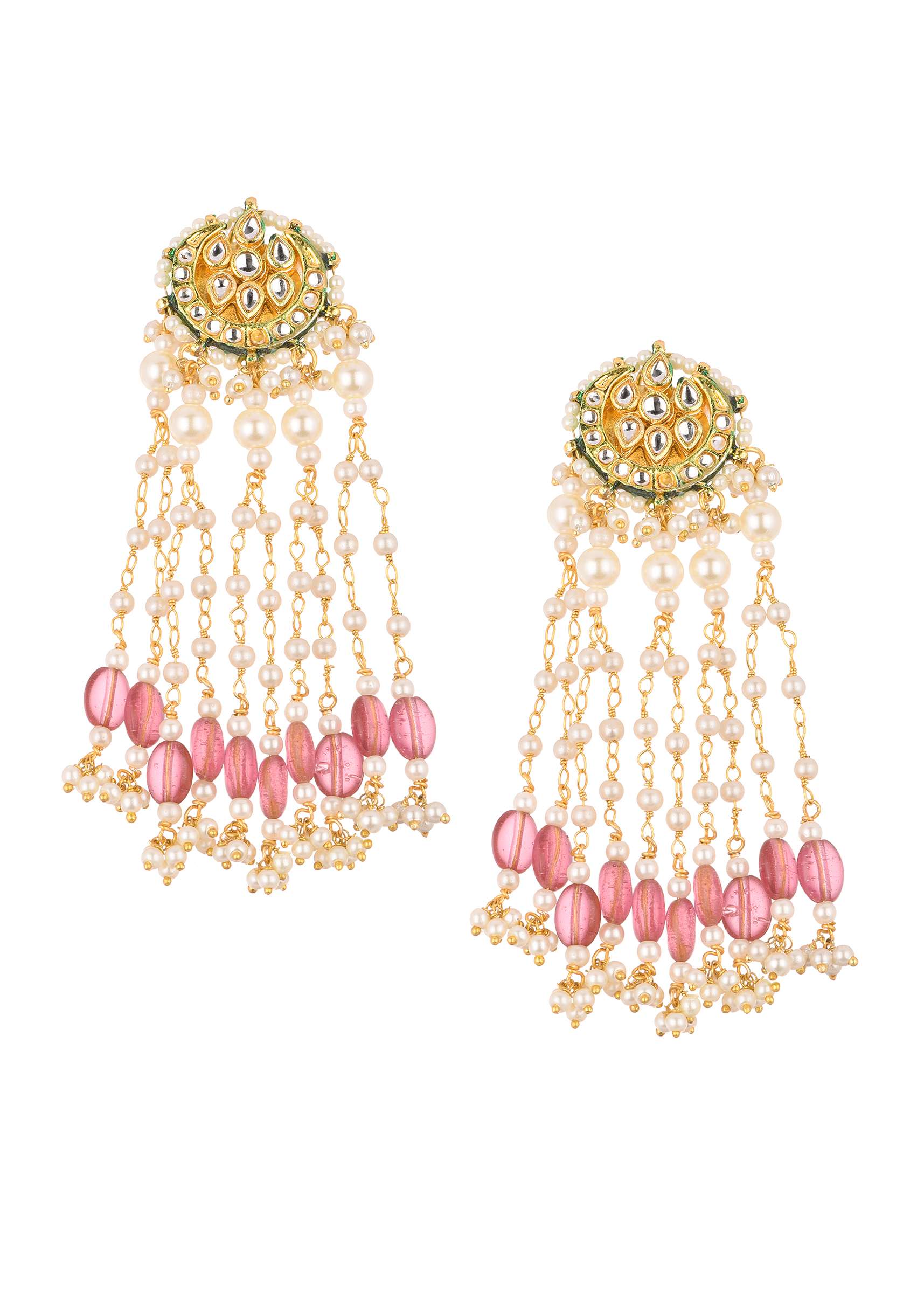 12271-gold-finish-mix-metal-danglers-with-pink-beads-2.jpg Gold Finish Mix Metal Danglers With Pink Beads