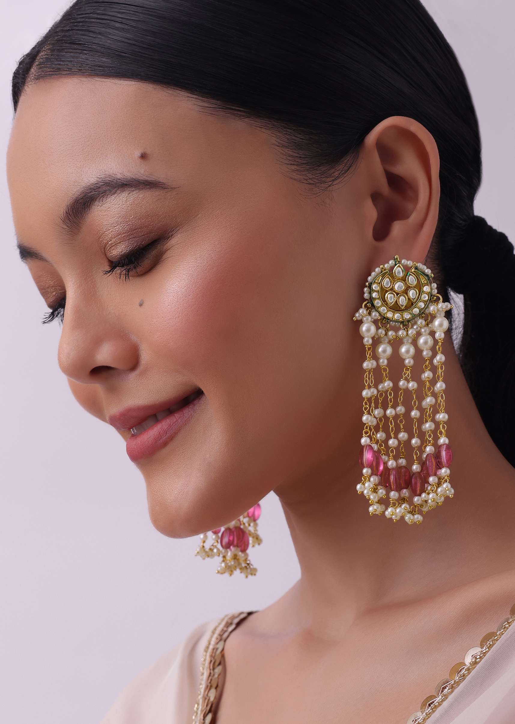 12271-gold-finish-mix-metal-danglers-with-pink-beads-4.jpg Gold Finish Mix Metal Danglers With Pink Beads