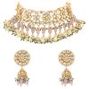 Green And White Kundan Choker Set In Mix Metal
