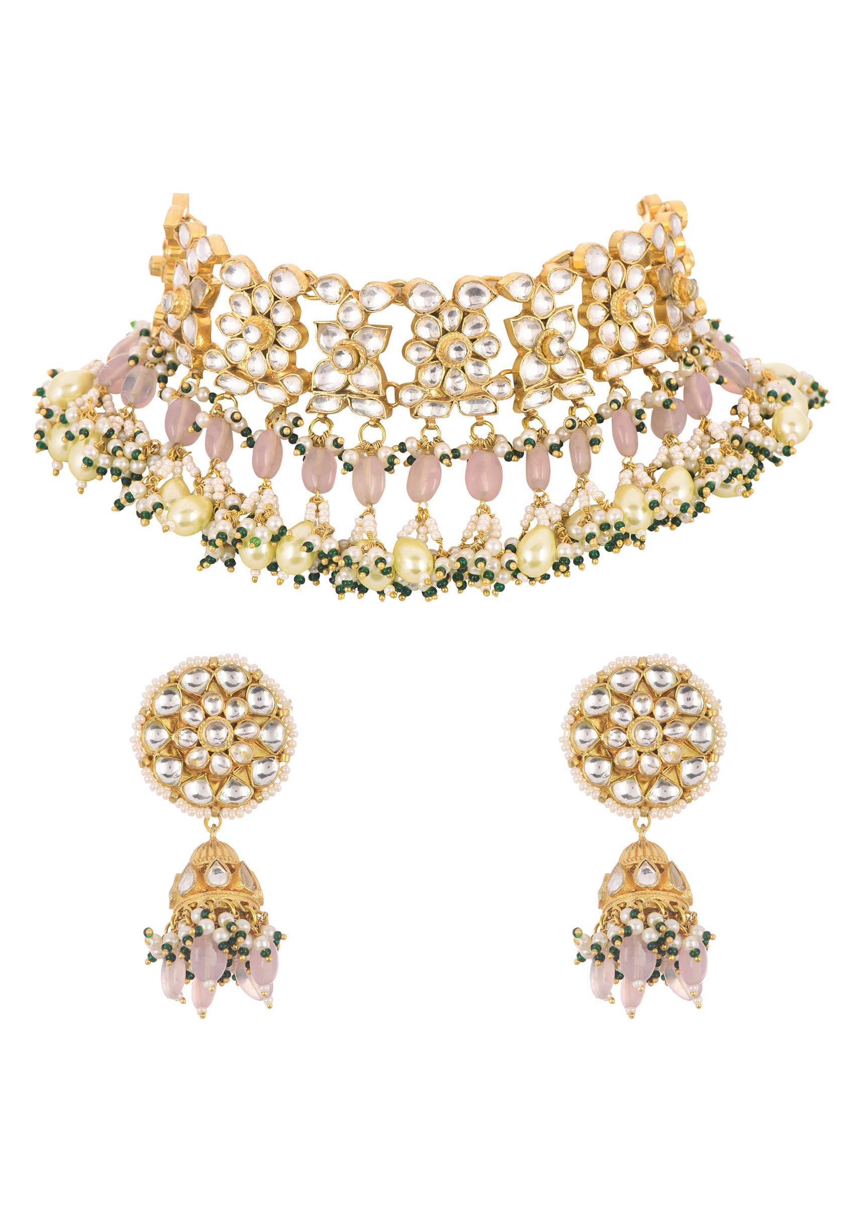 Green And White Kundan Choker Set In Mix Metal