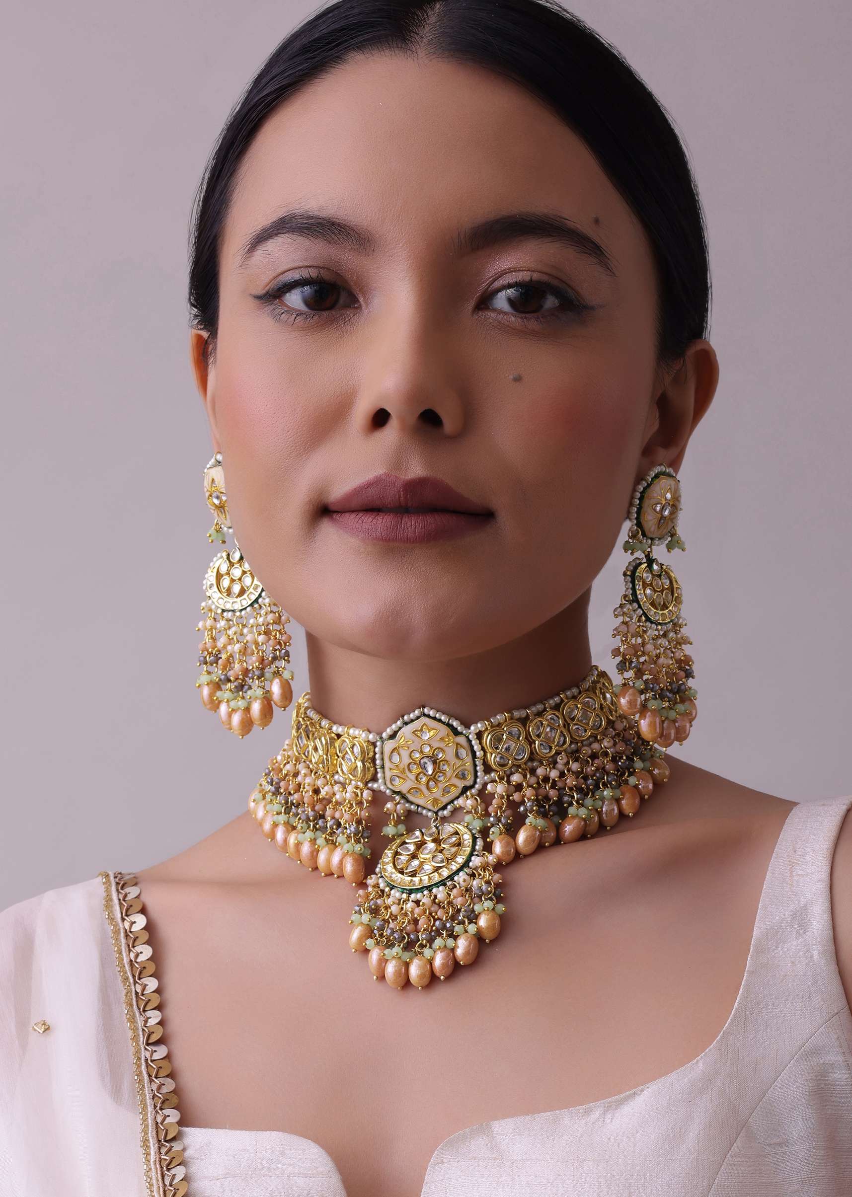 12281-gold-finish-kundan-choker-necklace-set-with-intricate-colourful-meenakari-work-in-mix-metal-1.jpg Gold-Finish Kundan Choker Necklace Set With Intricate Colourful Meenakari Work In Mix Metal