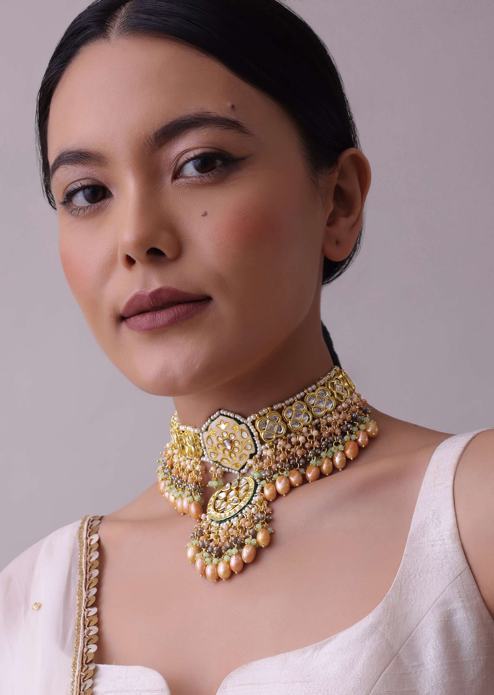 12281-gold-finish-kundan-choker-necklace-set-with-intricate-colourful-meenakari-work-in-mix-metal-2.jpg Gold-Finish Kundan Choker Necklace Set With Intricate Colourful Meenakari Work In Mix Metal