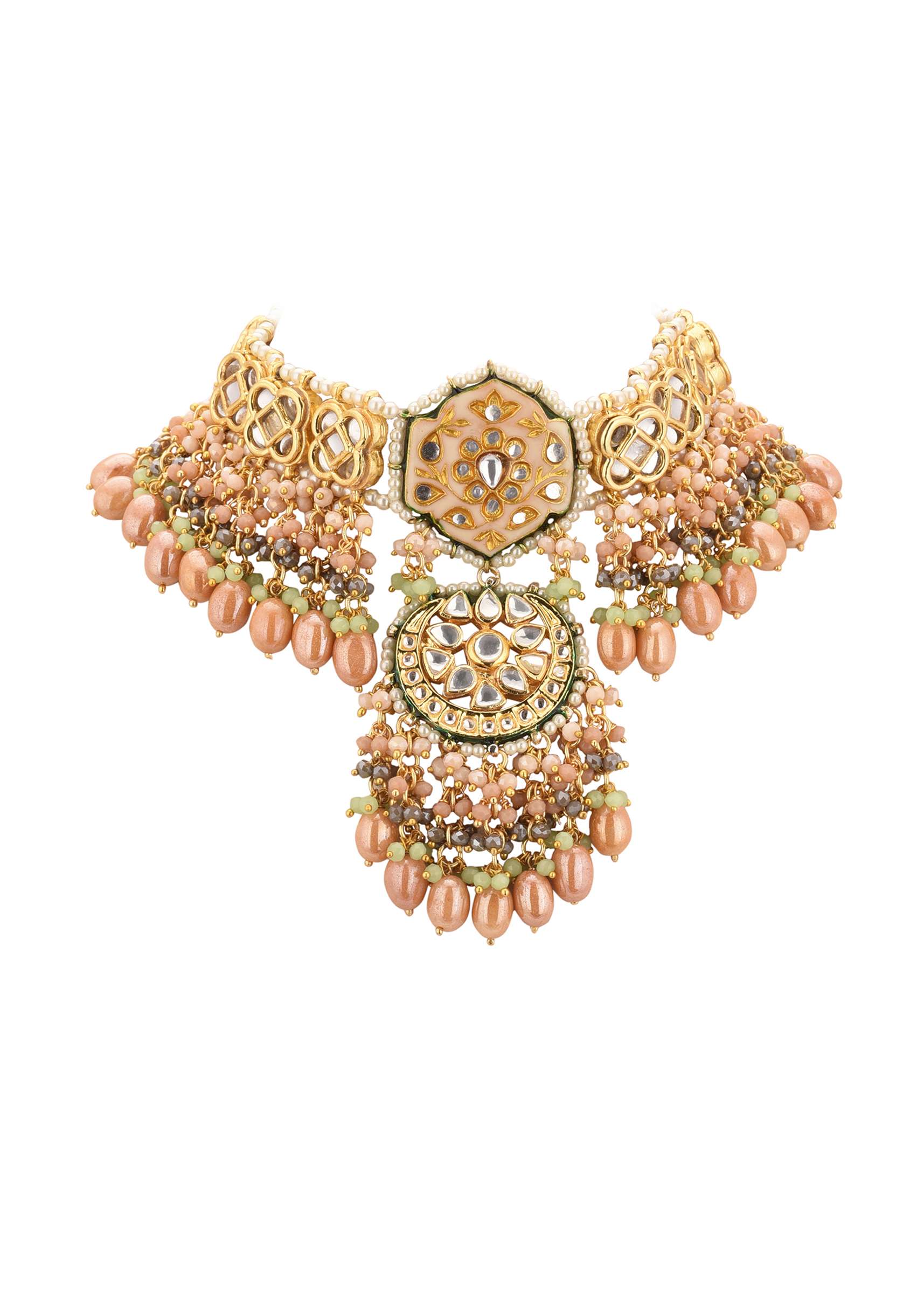 12281-gold-finish-kundan-choker-necklace-set-with-intricate-colourful-meenakari-work-in-mix-metal-5.jpg Gold-Finish Kundan Choker Necklace Set With Intricate Colourful Meenakari Work In Mix Metal