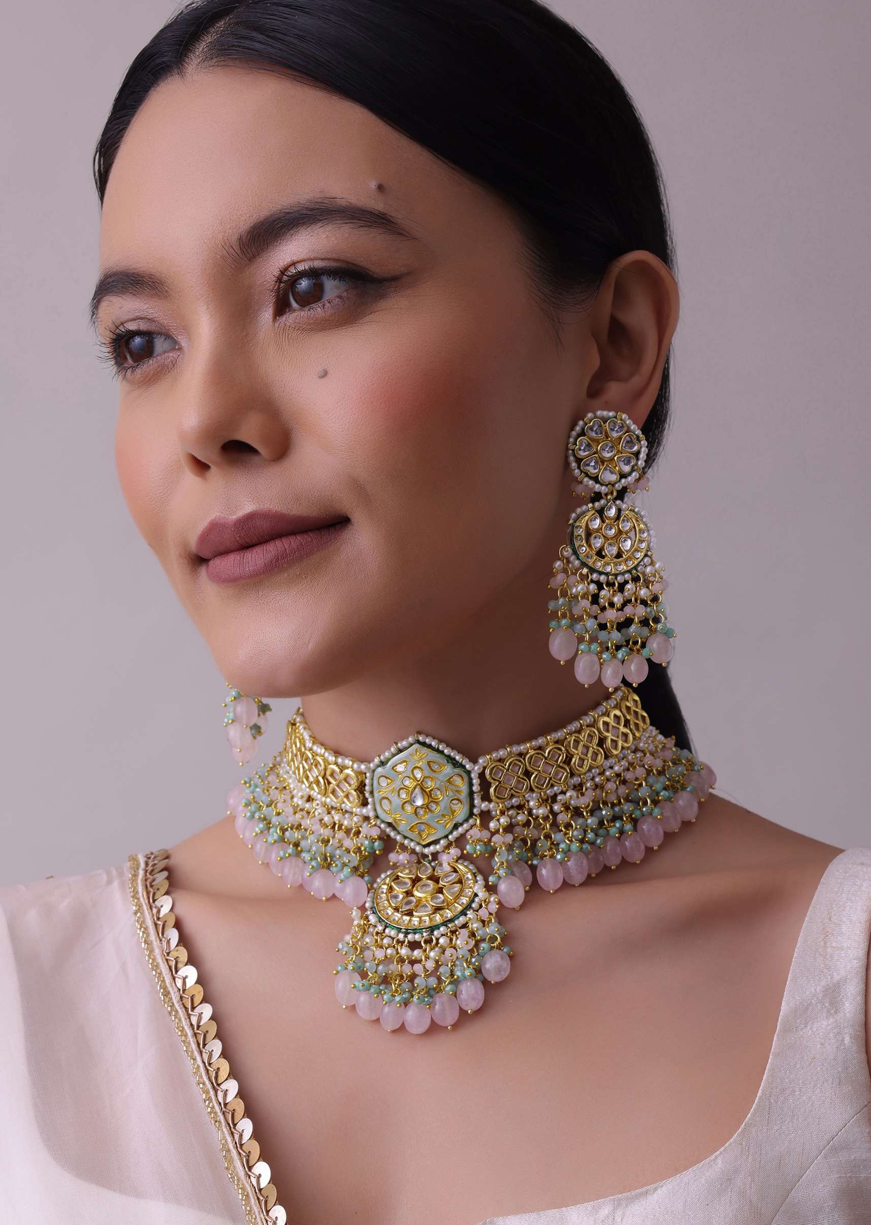12282-gold-finish-kundan-choker-necklace-set-with-intricate-work-in-mix-metal-1.jpg Gold-Finish Kundan Choker Necklace Set With Intricate Work In Mix Metal