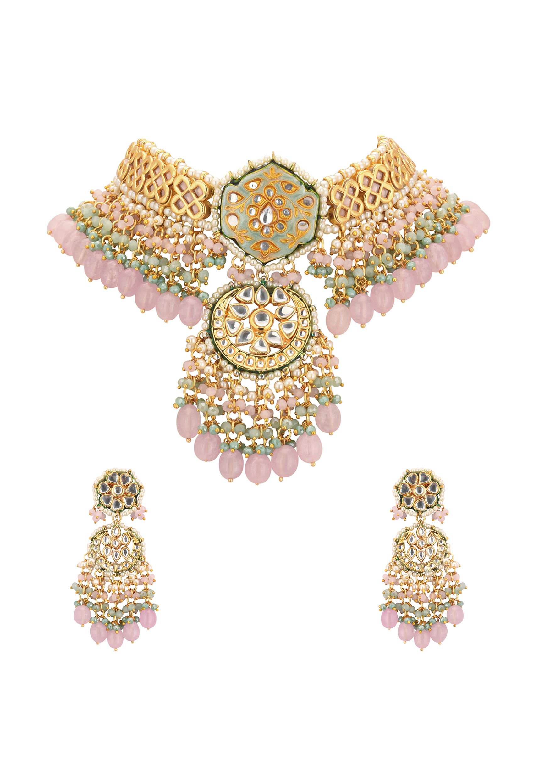 12282-gold-finish-kundan-choker-necklace-set-with-intricate-work-in-mix-metal-7.jpg Gold-Finish Kundan Choker Necklace Set With Intricate Work In Mix Metal
