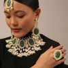 12284-gold-finish-carved-emerald-green-kundan-polki-bridal-choker-set-1.jpg Gold Finish Carved Emerald Green Kundan Polki Bridal Choker Set