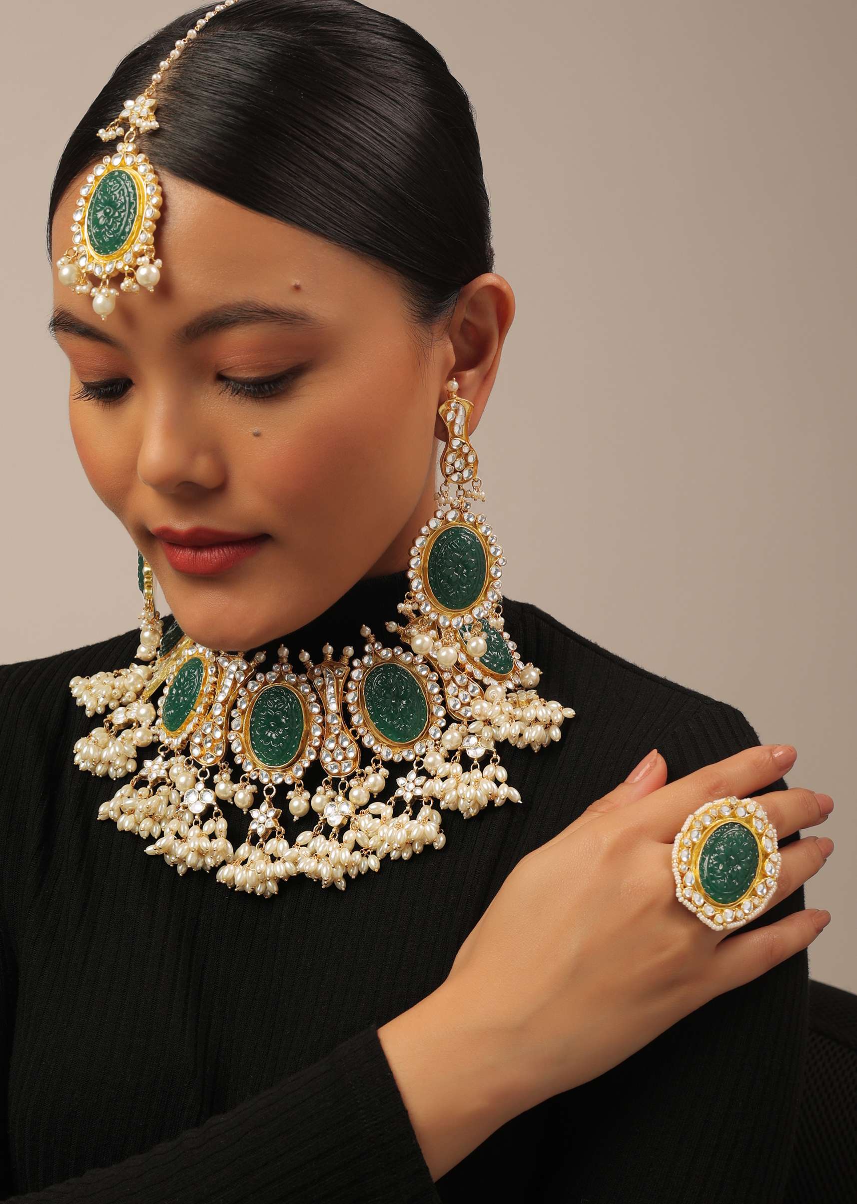 12284-gold-finish-carved-emerald-green-kundan-polki-bridal-choker-set-1.jpg Gold Finish Carved Emerald Green Kundan Polki Bridal Choker Set