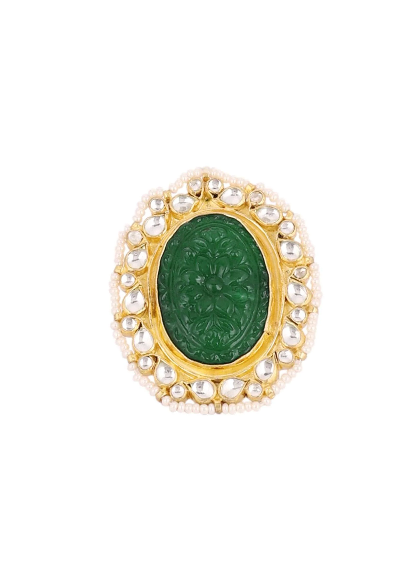 12284-gold-finish-carved-emerald-green-kundan-polki-bridal-choker-set-11.webp Gold Finish Carved Emerald Green Kundan Polki Bridal Choker Set