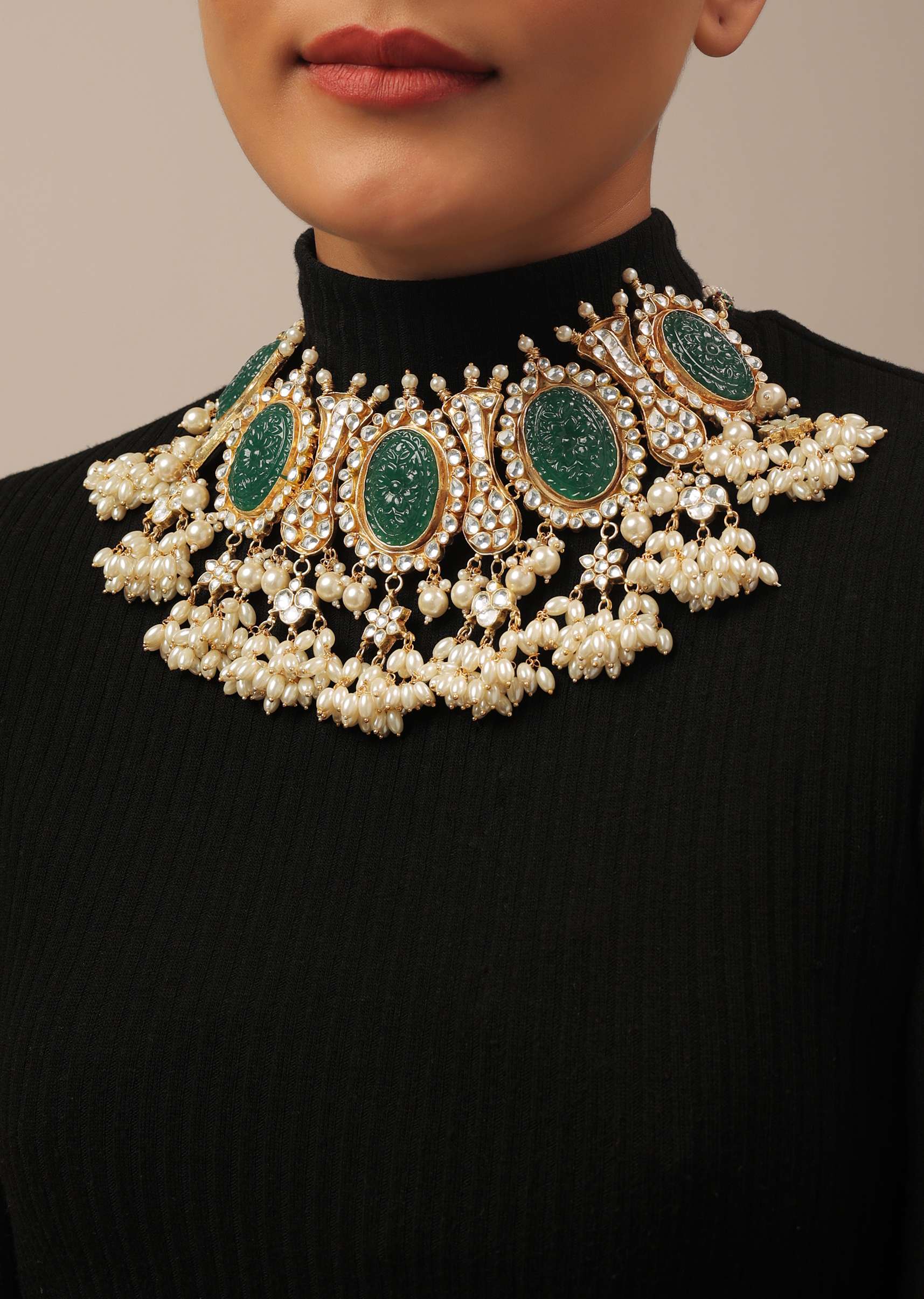 12284-gold-finish-carved-emerald-green-kundan-polki-bridal-choker-set-2.jpg Gold Finish Carved Emerald Green Kundan Polki Bridal Choker Set