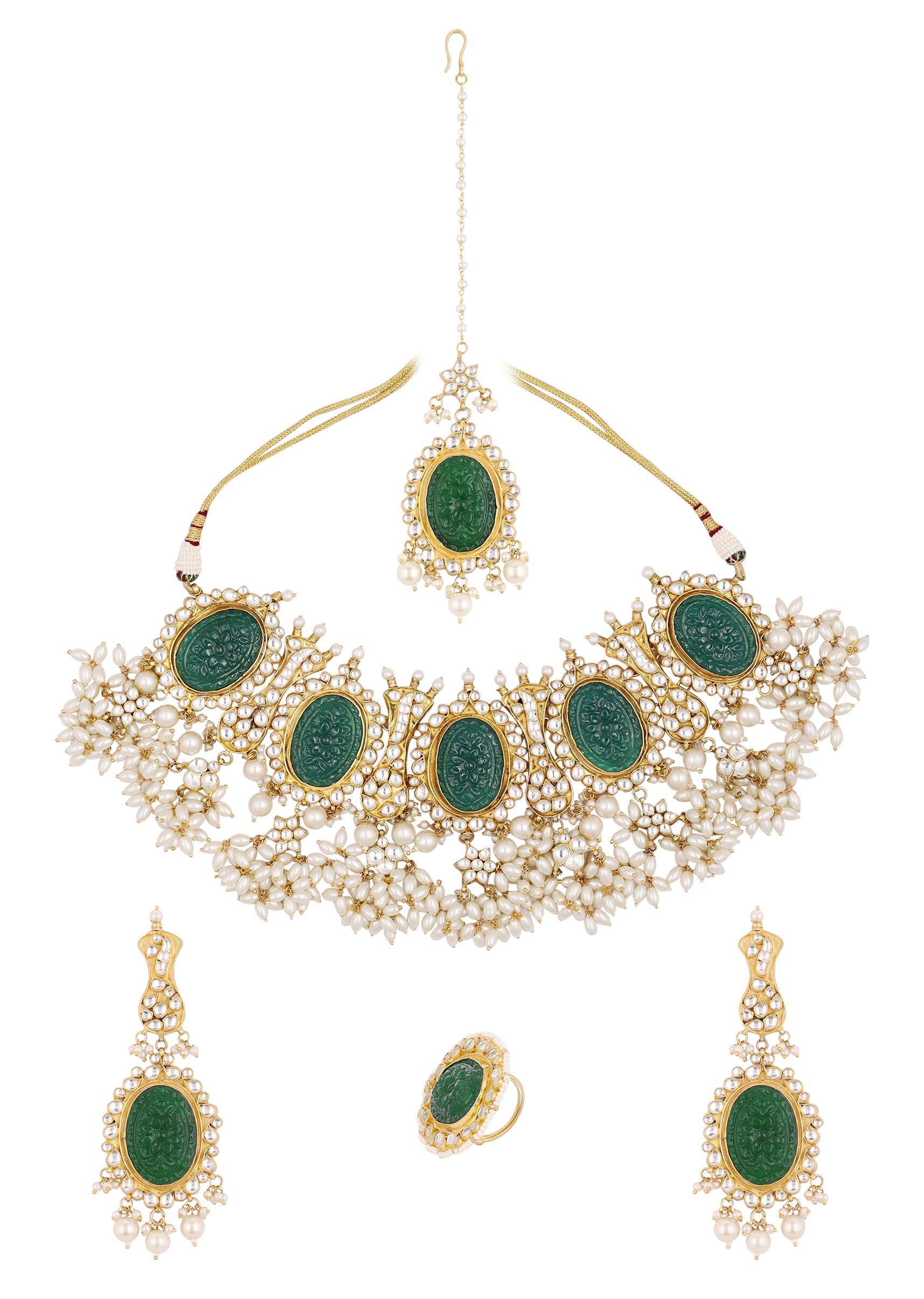 12284-gold-finish-carved-emerald-green-kundan-polki-bridal-choker-set-6.jpg Gold Finish Carved Emerald Green Kundan Polki Bridal Choker Set
