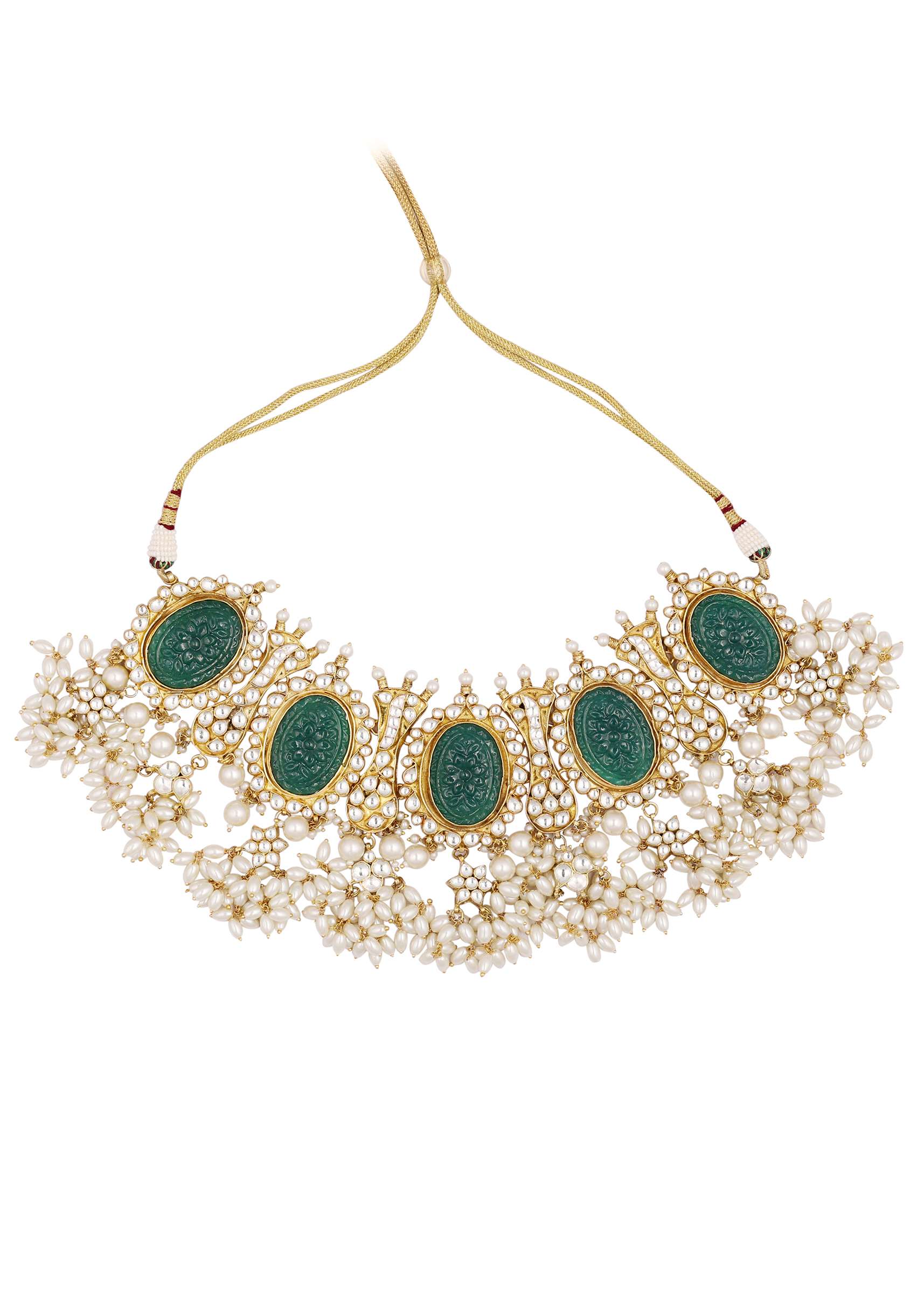 12284-gold-finish-carved-emerald-green-kundan-polki-bridal-choker-set-7.jpg Gold Finish Carved Emerald Green Kundan Polki Bridal Choker Set