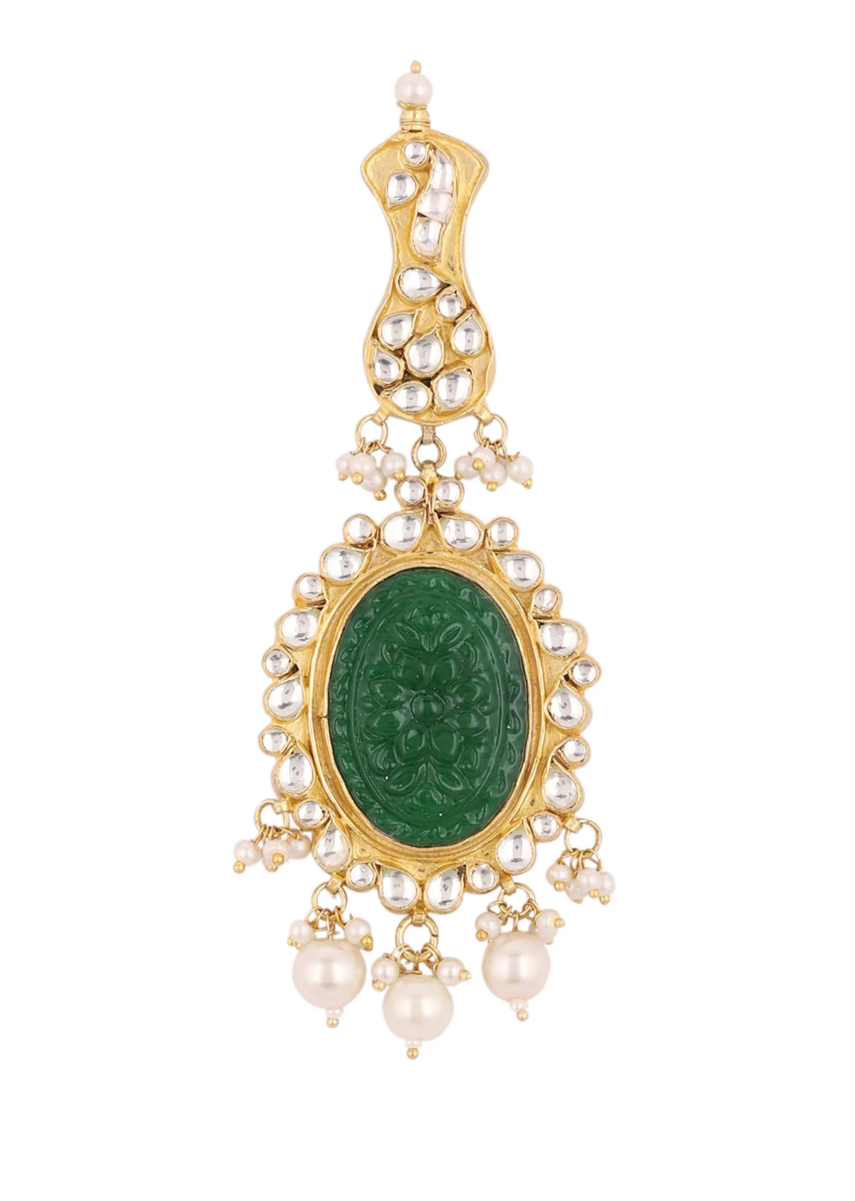 12284-gold-finish-carved-emerald-green-kundan-polki-bridal-choker-set-9.webp Gold Finish Carved Emerald Green Kundan Polki Bridal Choker Set