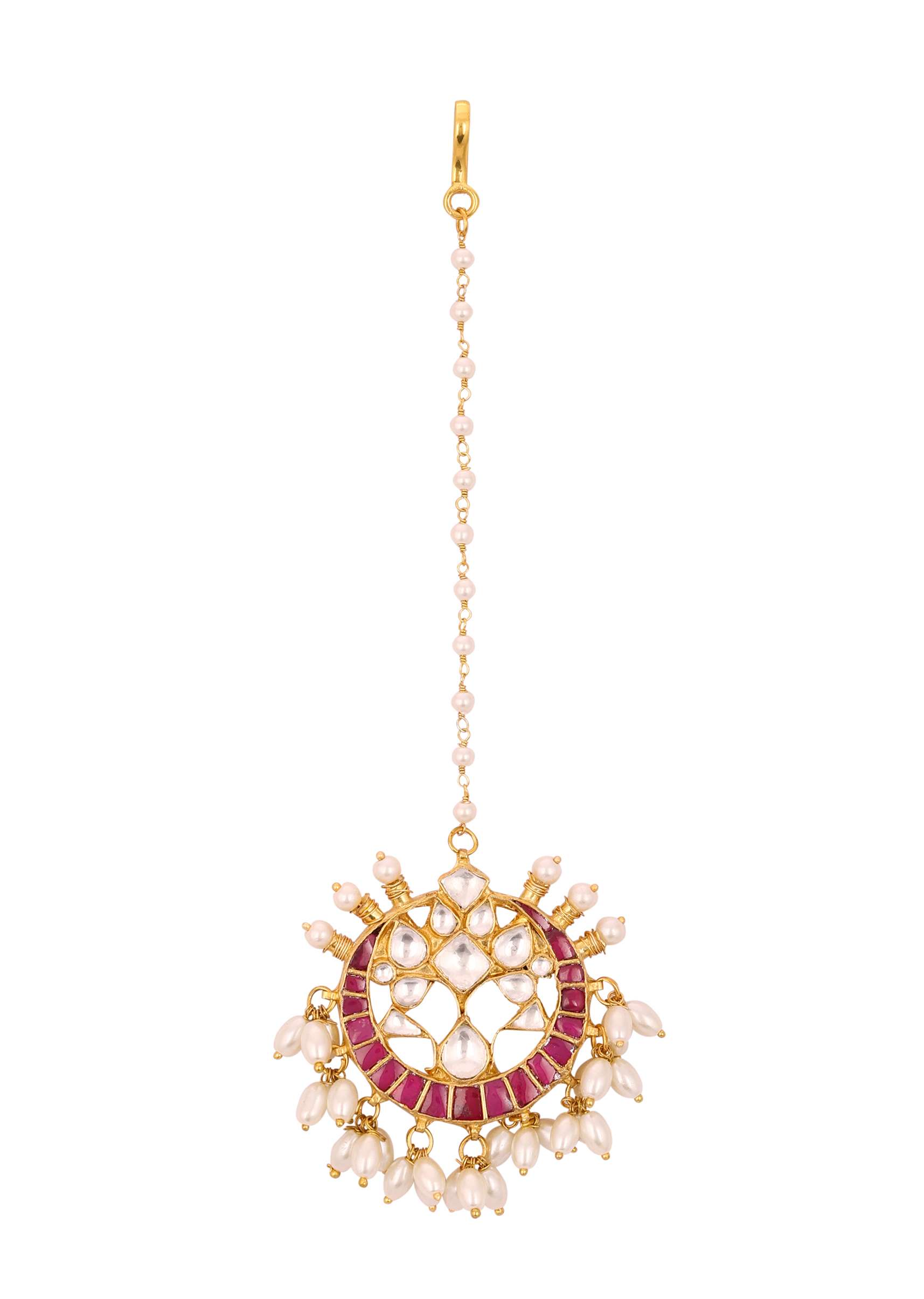 12285-gold-finish-kundan-red-floral-maangtika-with-synthetic-pearls-and-stones-3.jpg Gold Finish Kundan Red Floral Maangtika With Synthetic Pearls And Stones