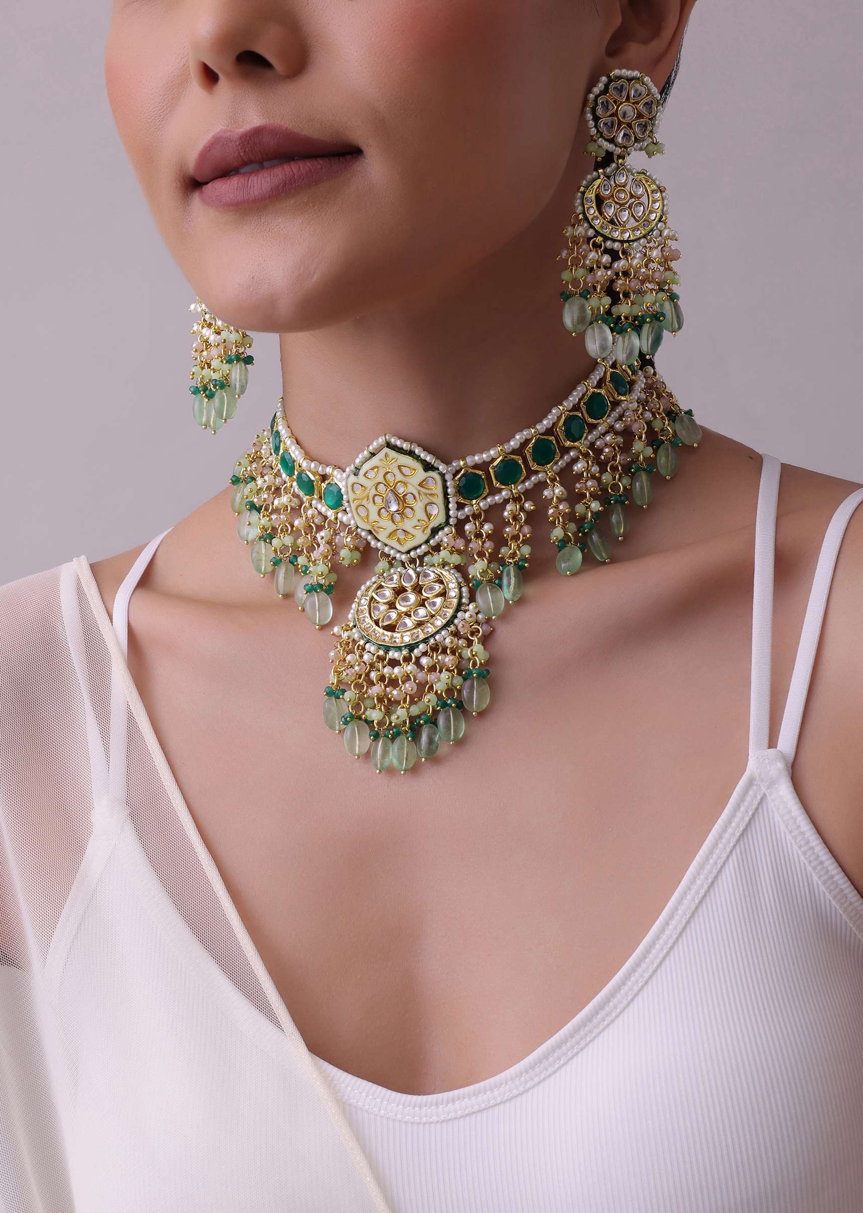 12286-green-toned-gold-finish-kundan-choker-necklace-set-with-colourful-meenakari-work-in-mix-metal-1.jpg Green Toned Gold-Finish Kundan Choker Necklace Set With Colourful Meenakari Work In Mix Metal