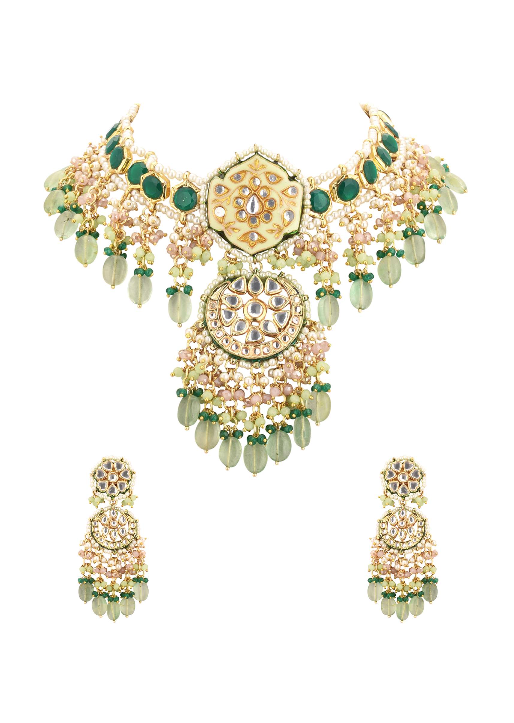 12286-green-toned-gold-finish-kundan-choker-necklace-set-with-colourful-meenakari-work-in-mix-metal-7.jpg Green Toned Gold-Finish Kundan Choker Necklace Set With Colourful Meenakari Work In Mix Metal