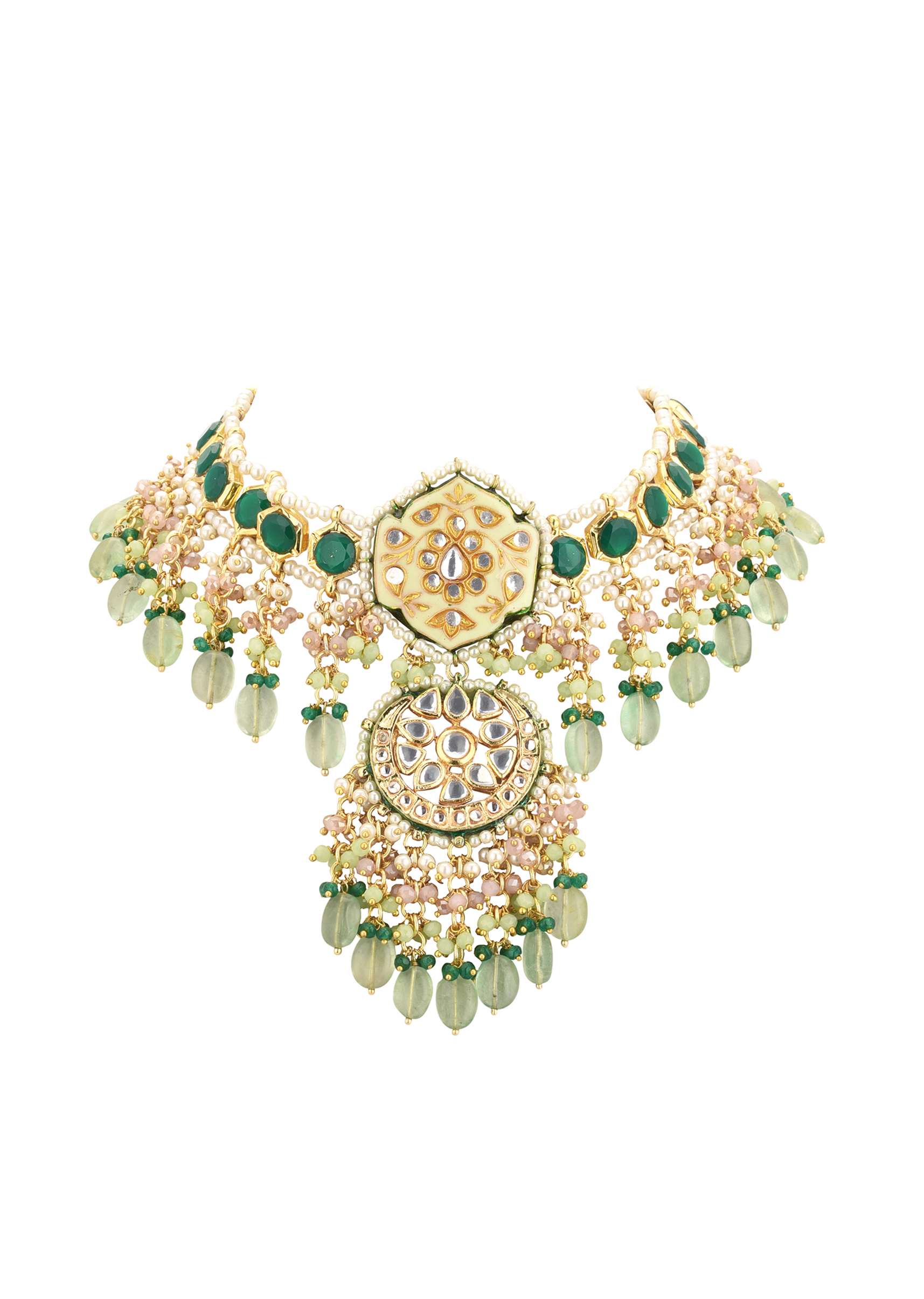 12286-green-toned-gold-finish-kundan-choker-necklace-set-with-colourful-meenakari-work-in-mix-metal-8.jpg Green Toned Gold-Finish Kundan Choker Necklace Set With Colourful Meenakari Work In Mix Metal