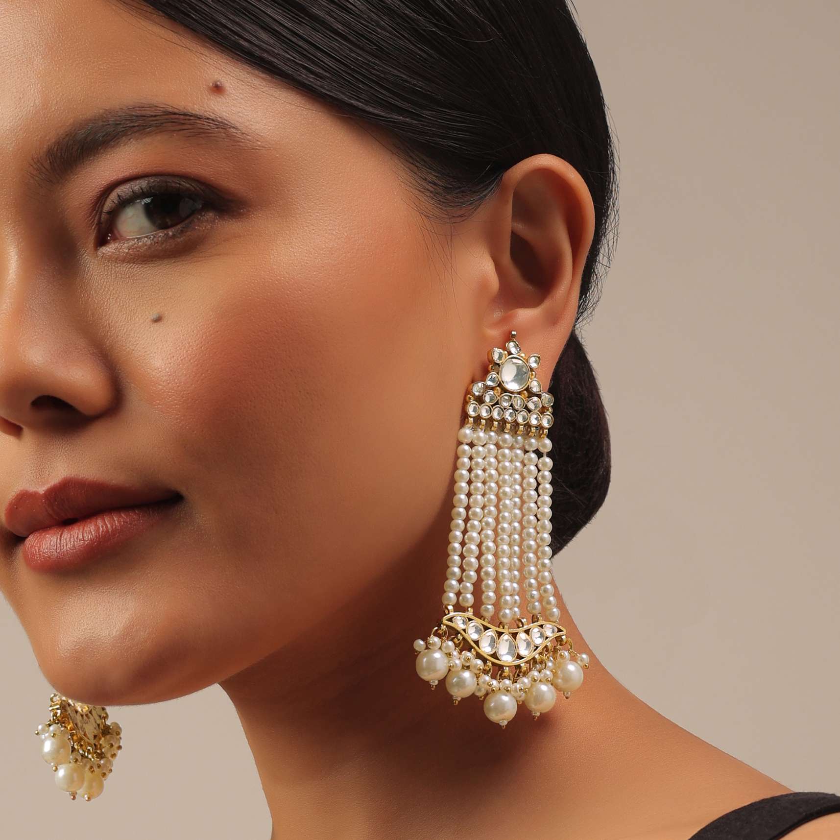 12288-gold-finish-kundan-polki-earrings-with-beads-and-pearls-2.jpg Gold Finish Kundan Polki Earrings With Beads And Pearls