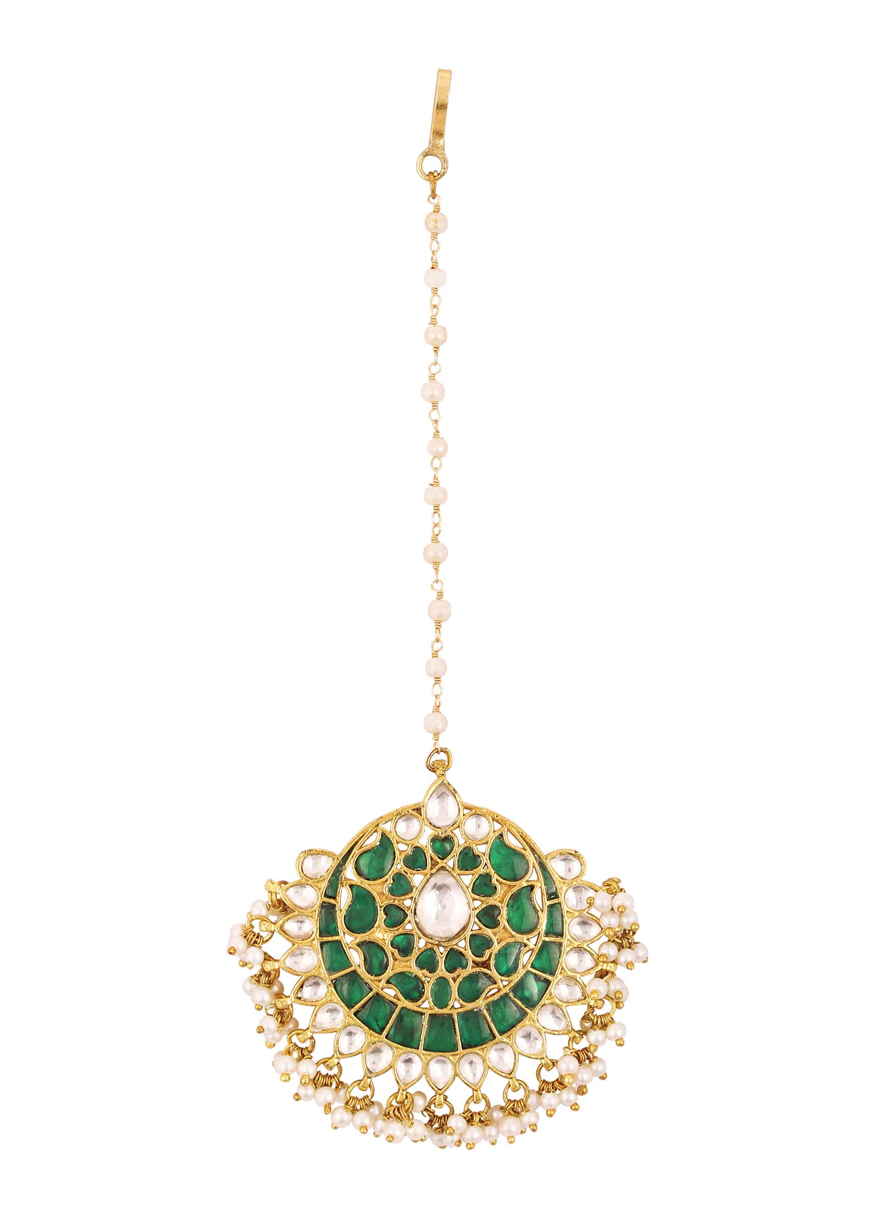 12290-gold-finish-kundan-maangteeka-with-synthetic-emerald-stones-and-beads-3.jpg Gold Finish Kundan Maangteeka With Synthetic Emerald Stones And Beads