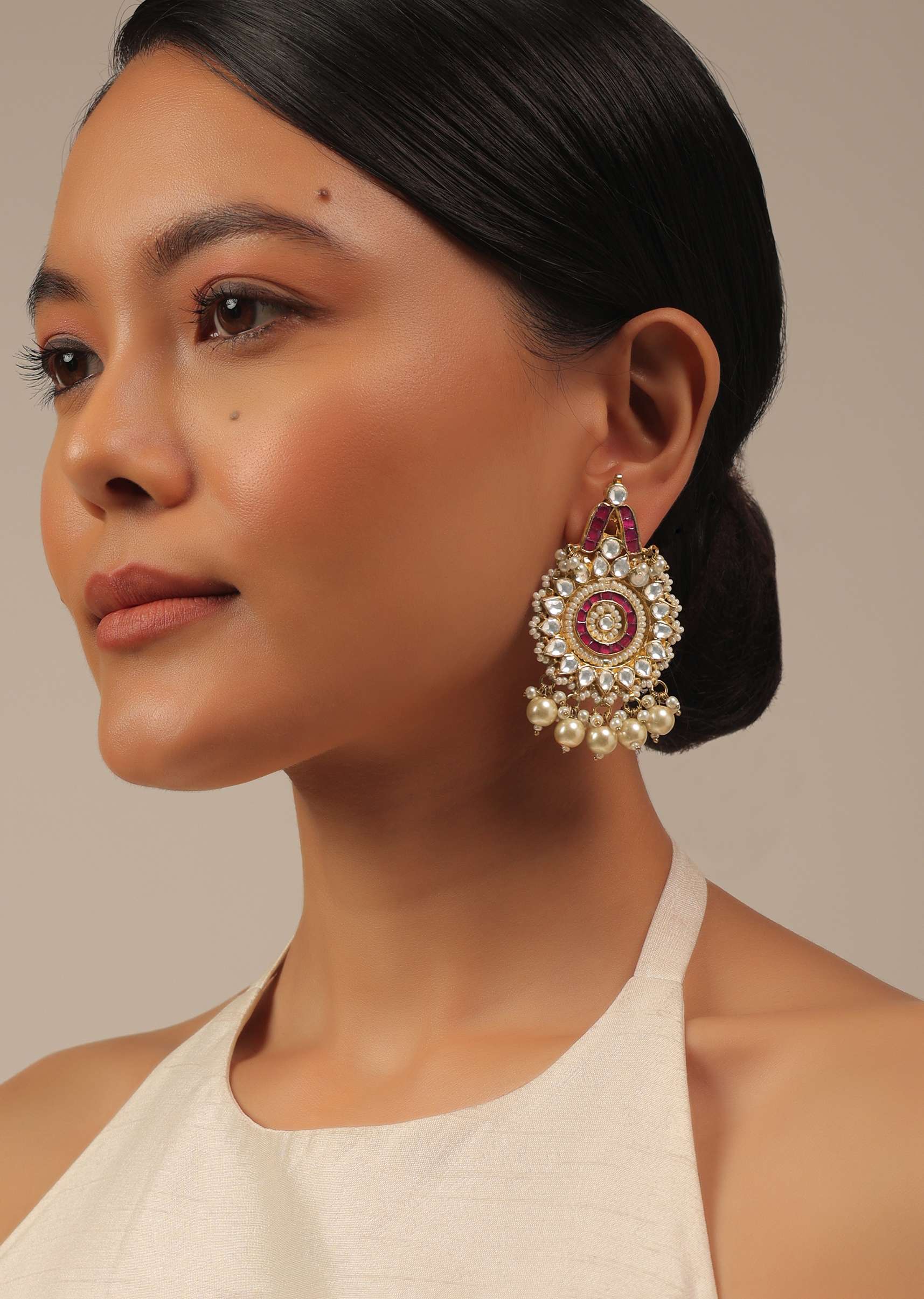 12295-gold-finish-kundan-polki-earrings-with-pearls-and-beads-1.jpg Gold Finish Kundan Polki Earrings With Pearls And Beads