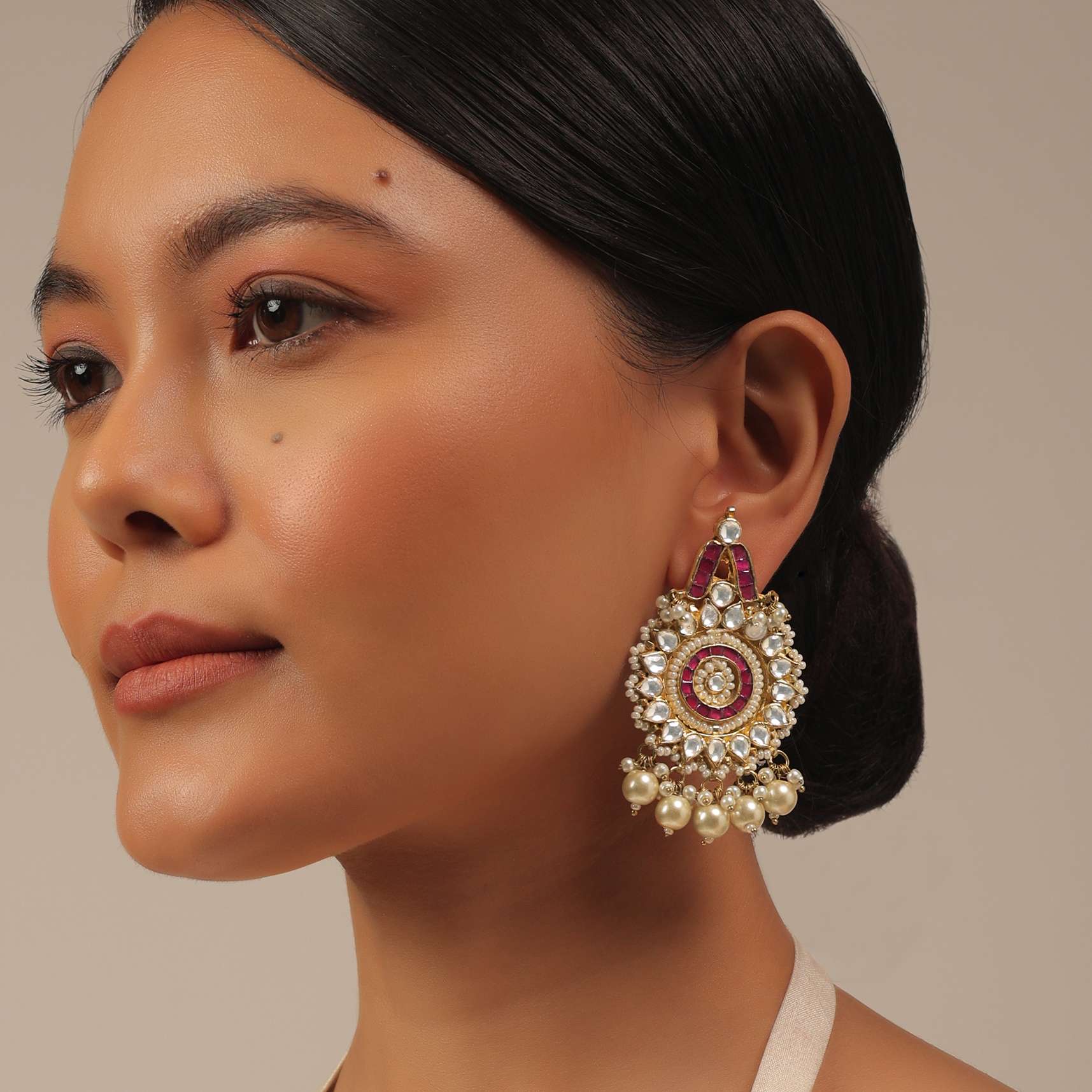 12295-gold-finish-kundan-polki-earrings-with-pearls-and-beads-2.jpg Gold Finish Kundan Polki Earrings With Pearls And Beads