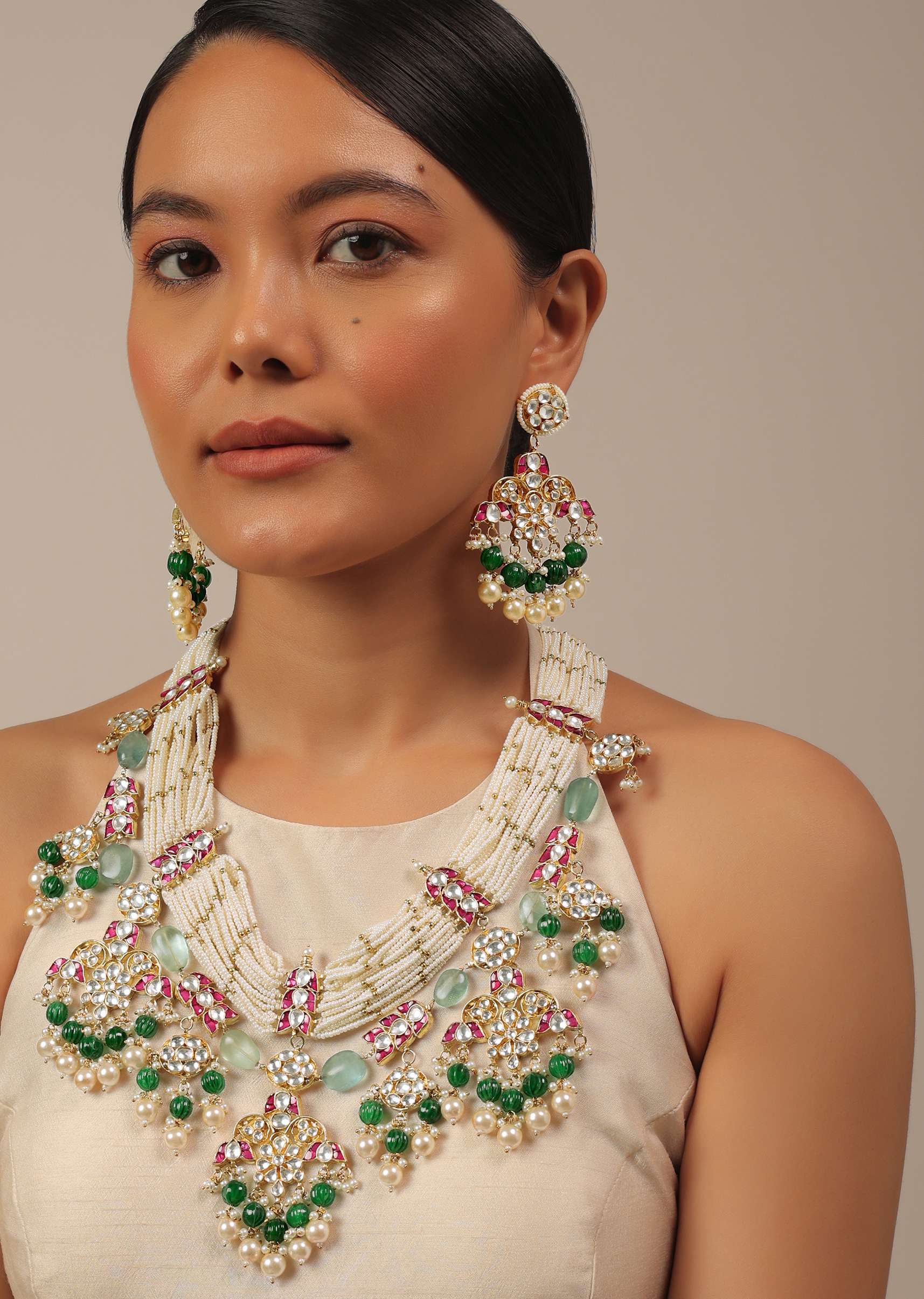 12298-gold-finish-kundan-polki-multicolor-choker-set-with-pearls-and-green-beads-1.jpg Gold Finish Kundan Polki Multicolor Choker Set With Pearls And Green Beads