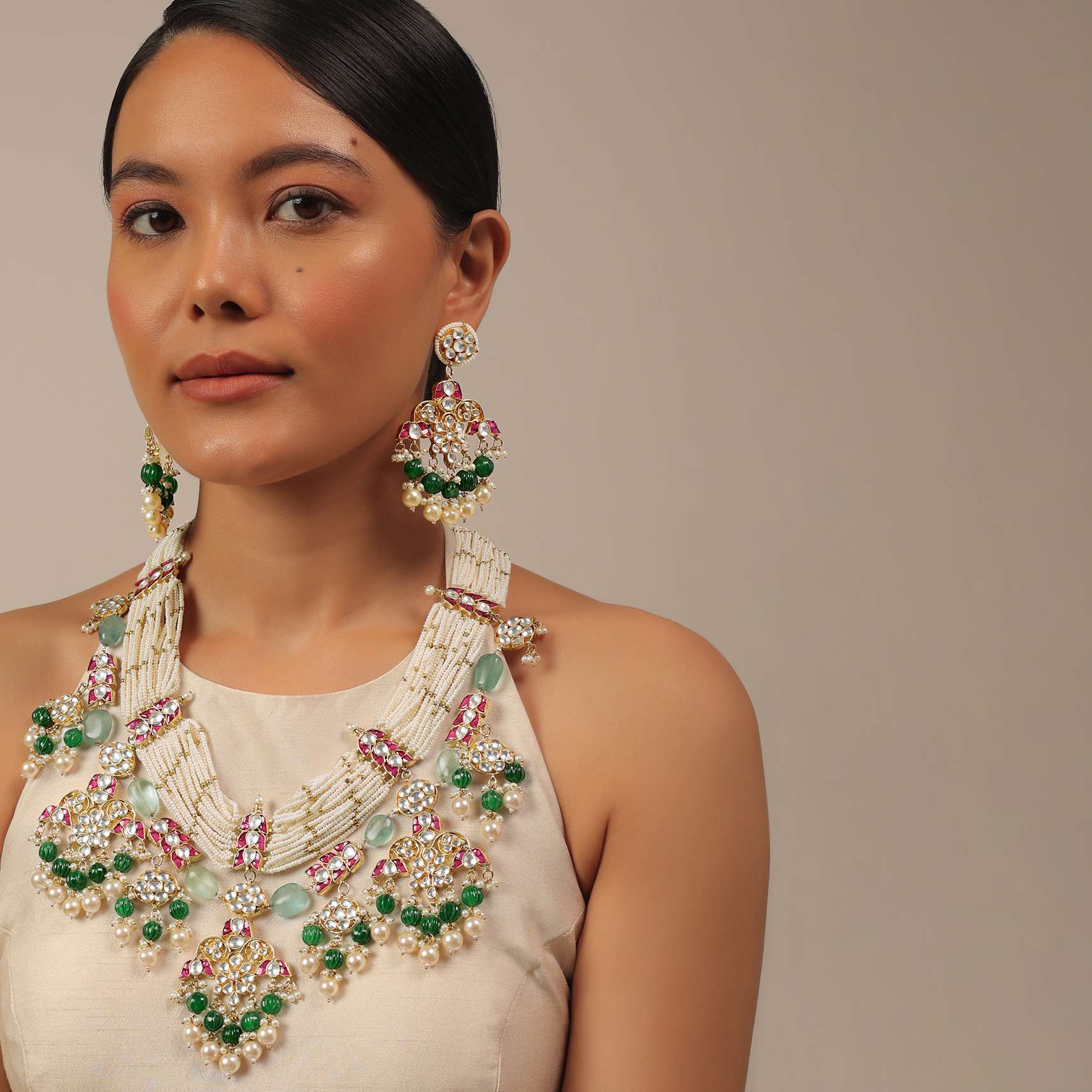 12298-gold-finish-kundan-polki-multicolor-choker-set-with-pearls-and-green-beads-2.jpg Gold Finish Kundan Polki Multicolor Choker Set With Pearls And Green Beads