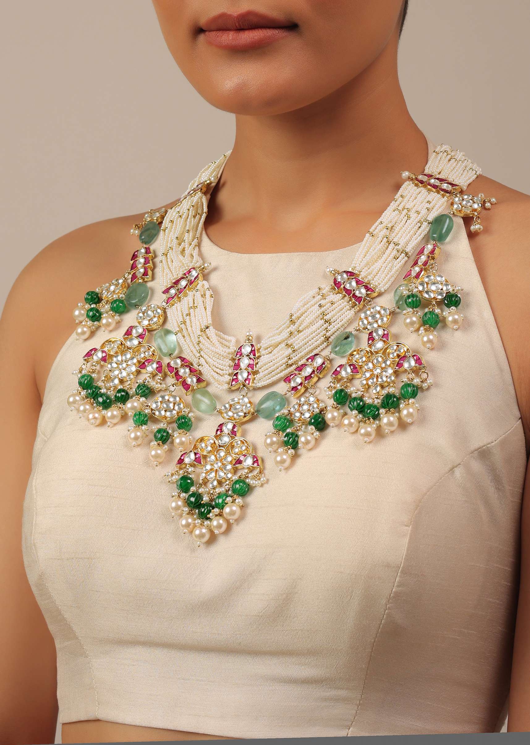 12298-gold-finish-kundan-polki-multicolor-choker-set-with-pearls-and-green-beads-3.jpg Gold Finish Kundan Polki Multicolor Choker Set With Pearls And Green Beads