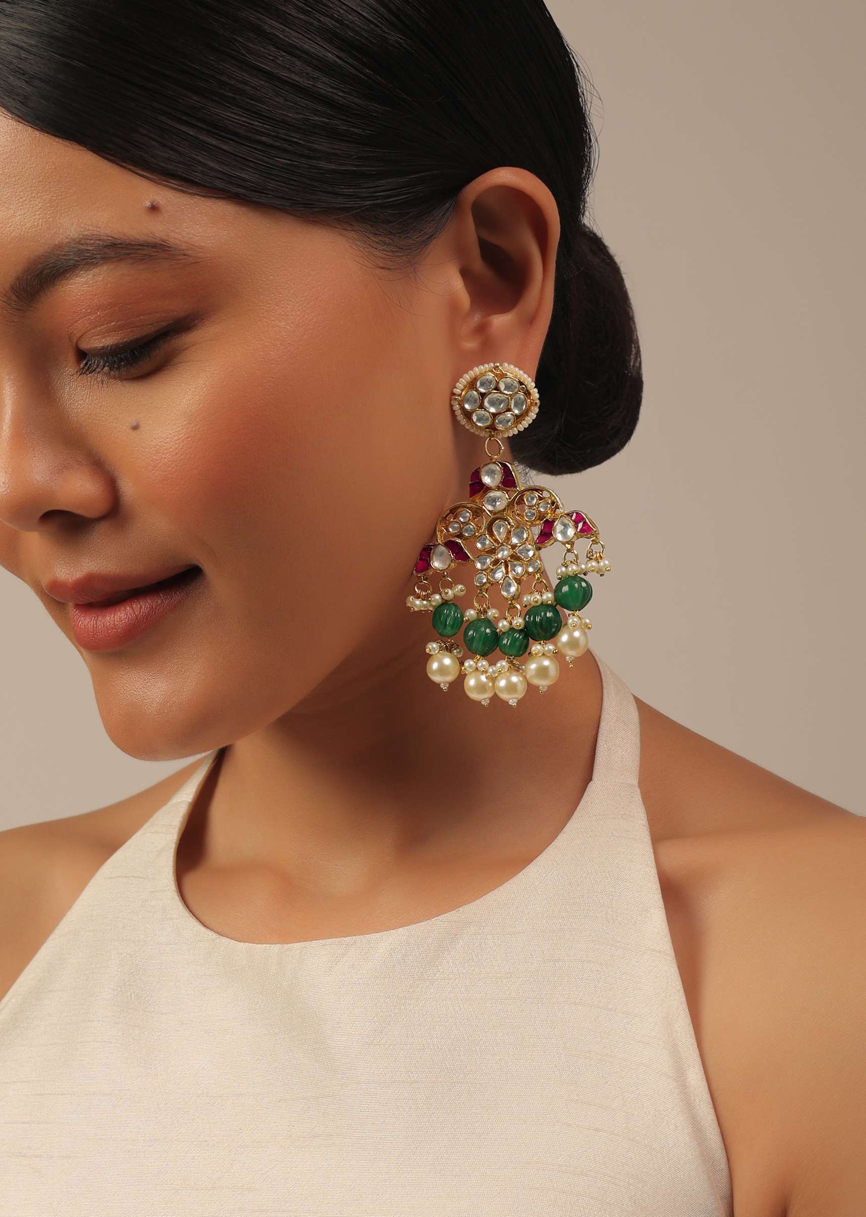 12298-gold-finish-kundan-polki-multicolor-choker-set-with-pearls-and-green-beads-4.jpg Gold Finish Kundan Polki Multicolor Choker Set With Pearls And Green Beads