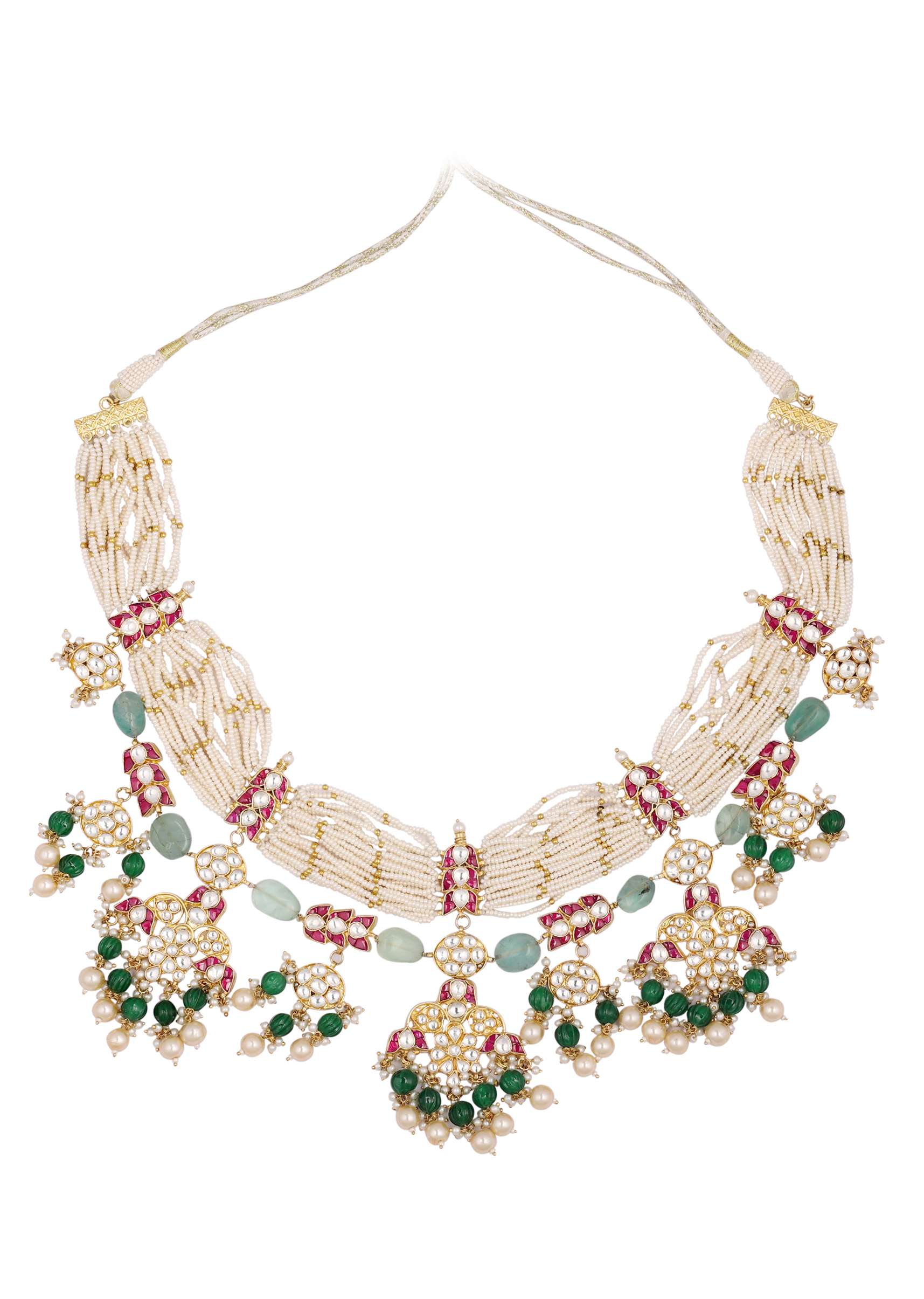 12298-gold-finish-kundan-polki-multicolor-choker-set-with-pearls-and-green-beads-5.jpg Gold Finish Kundan Polki Multicolor Choker Set With Pearls And Green Beads