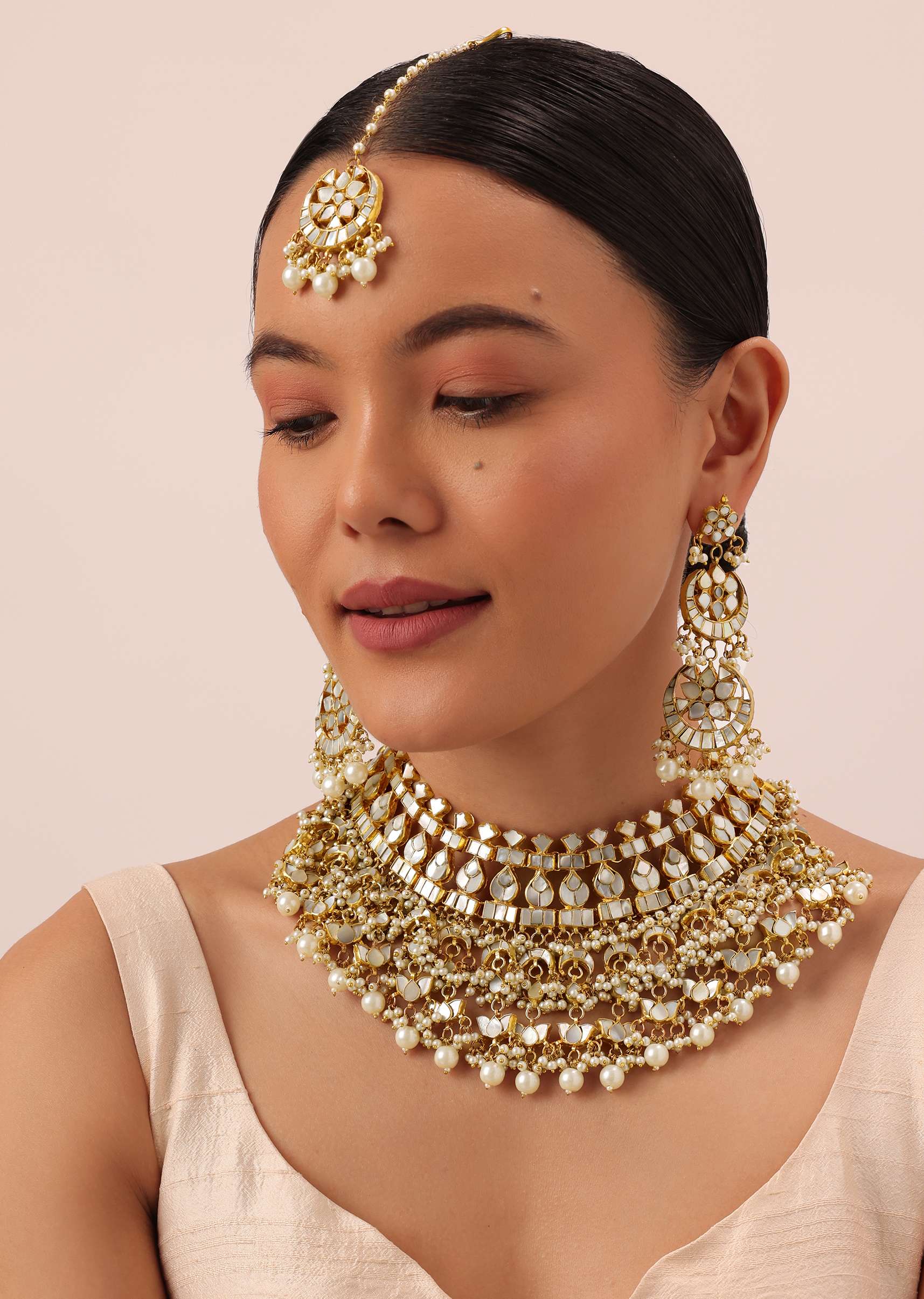 12299-gold-finish-kundan-polki-bridal-choker-set-with-pearls-1.jpg Gold Finish Kundan Polki Bridal Choker Set With Pearls