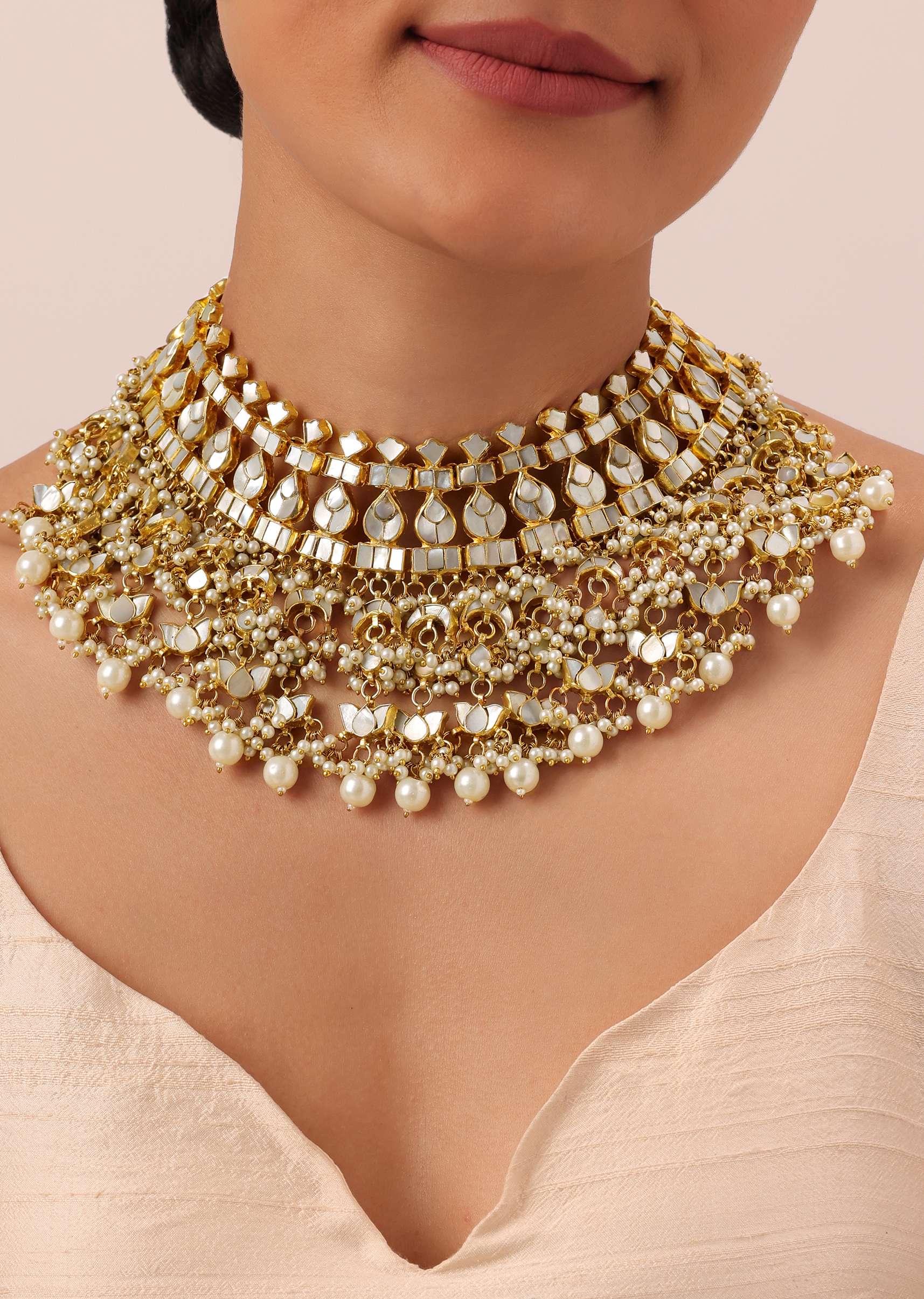 12299-gold-finish-kundan-polki-bridal-choker-set-with-pearls-2.jpg Gold Finish Kundan Polki Bridal Choker Set With Pearls