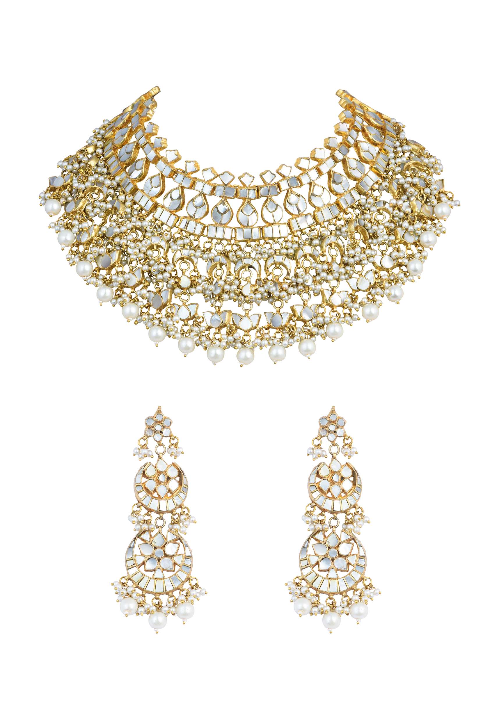 12299-gold-finish-kundan-polki-bridal-choker-set-with-pearls-5.jpg Gold Finish Kundan Polki Bridal Choker Set With Pearls