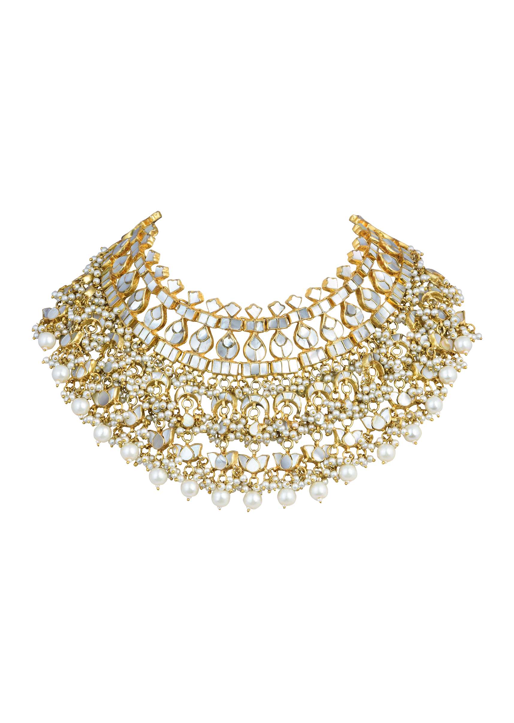 12299-gold-finish-kundan-polki-bridal-choker-set-with-pearls-6.jpg Gold Finish Kundan Polki Bridal Choker Set With Pearls
