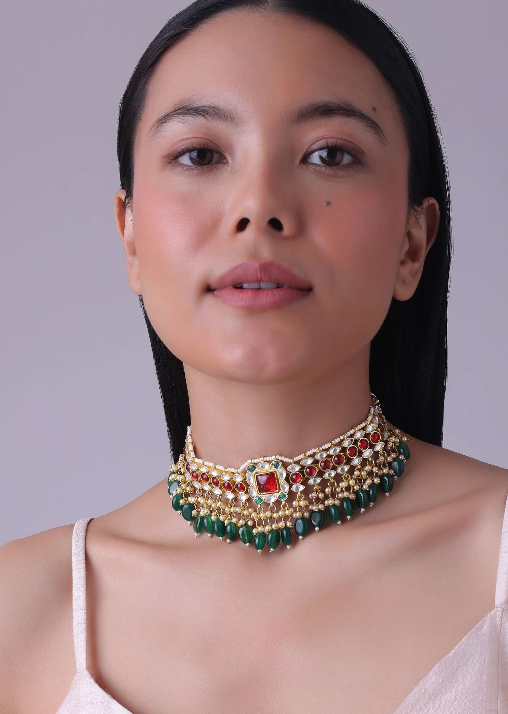 12300-gold-finish-kundan-polki-red-and-green-choker-set-with-beads-and-stones-1.jpg Gold Finish Kundan Polki Red And Green Choker Set With Beads And Stones