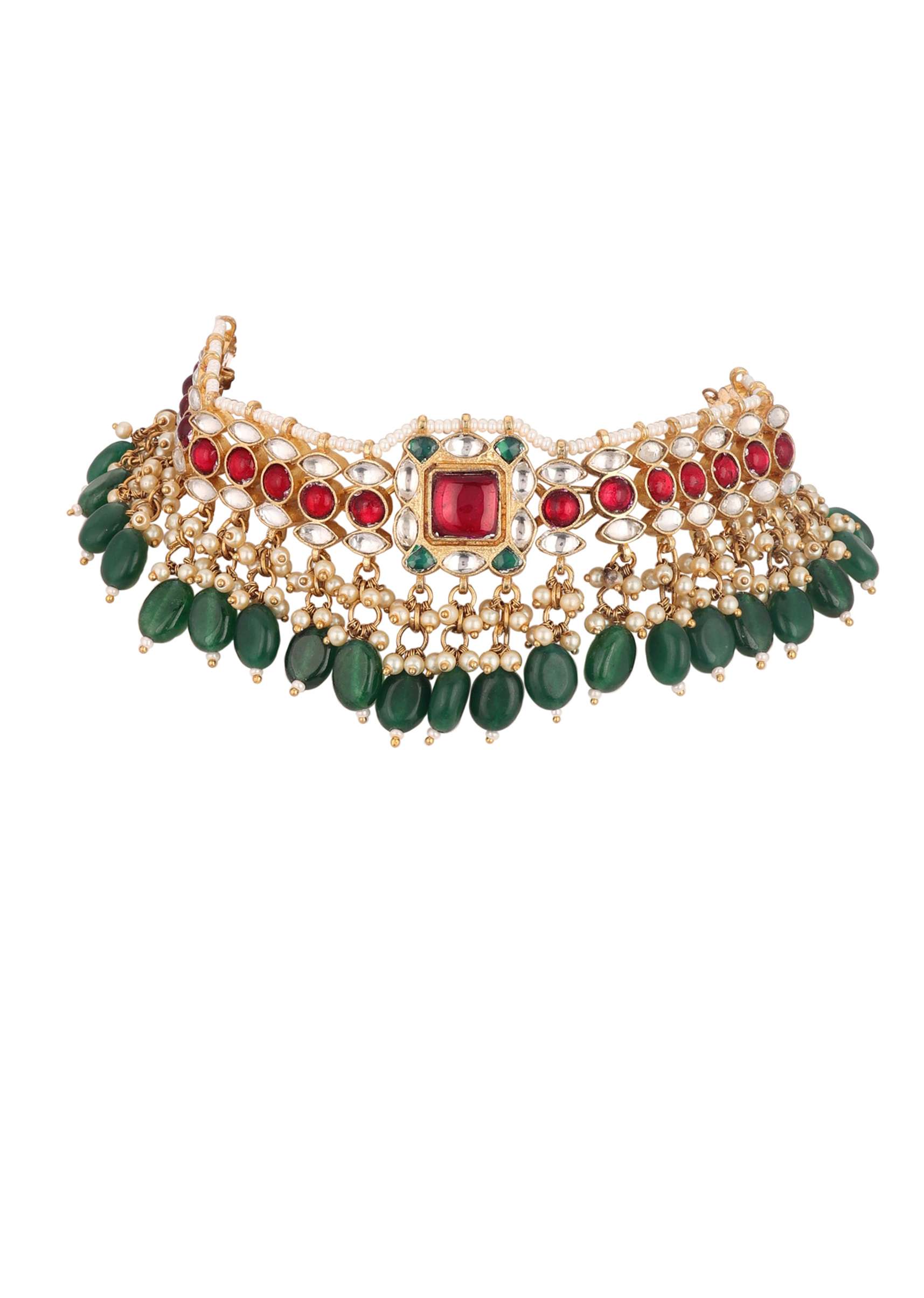 12300-gold-finish-kundan-polki-red-and-green-choker-set-with-beads-and-stones-10.jpg Gold Finish Kundan Polki Red And Green Choker Set With Beads And Stones