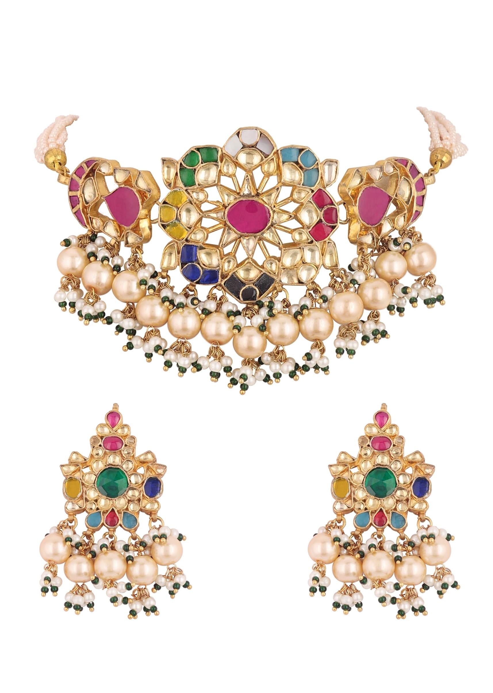 12300-gold-finish-kundan-polki-red-and-green-choker-set-with-beads-and-stones-11.jpg Gold Finish Kundan Polki Red And Green Choker Set With Beads And Stones