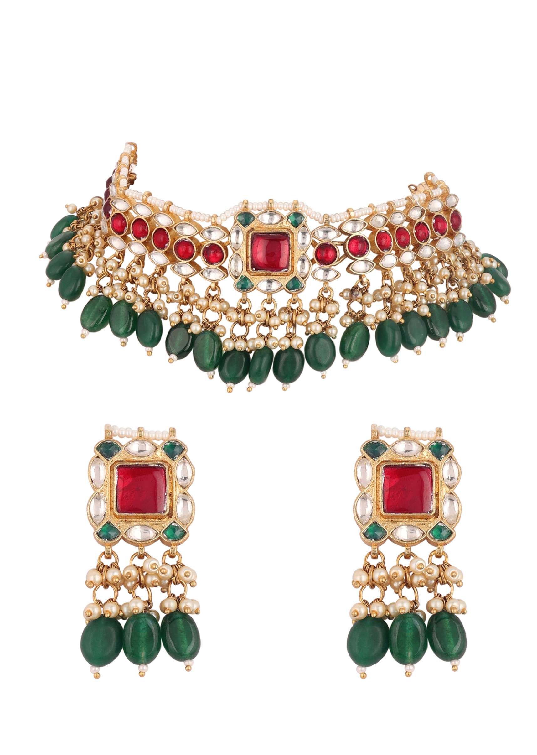 12300-gold-finish-kundan-polki-red-and-green-choker-set-with-beads-and-stones-12.jpg Gold Finish Kundan Polki Red And Green Choker Set With Beads And Stones