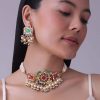12300-gold-finish-kundan-polki-red-and-green-choker-set-with-beads-and-stones-2.jpg Gold Finish Kundan Polki Red And Green Choker Set With Beads And Stones