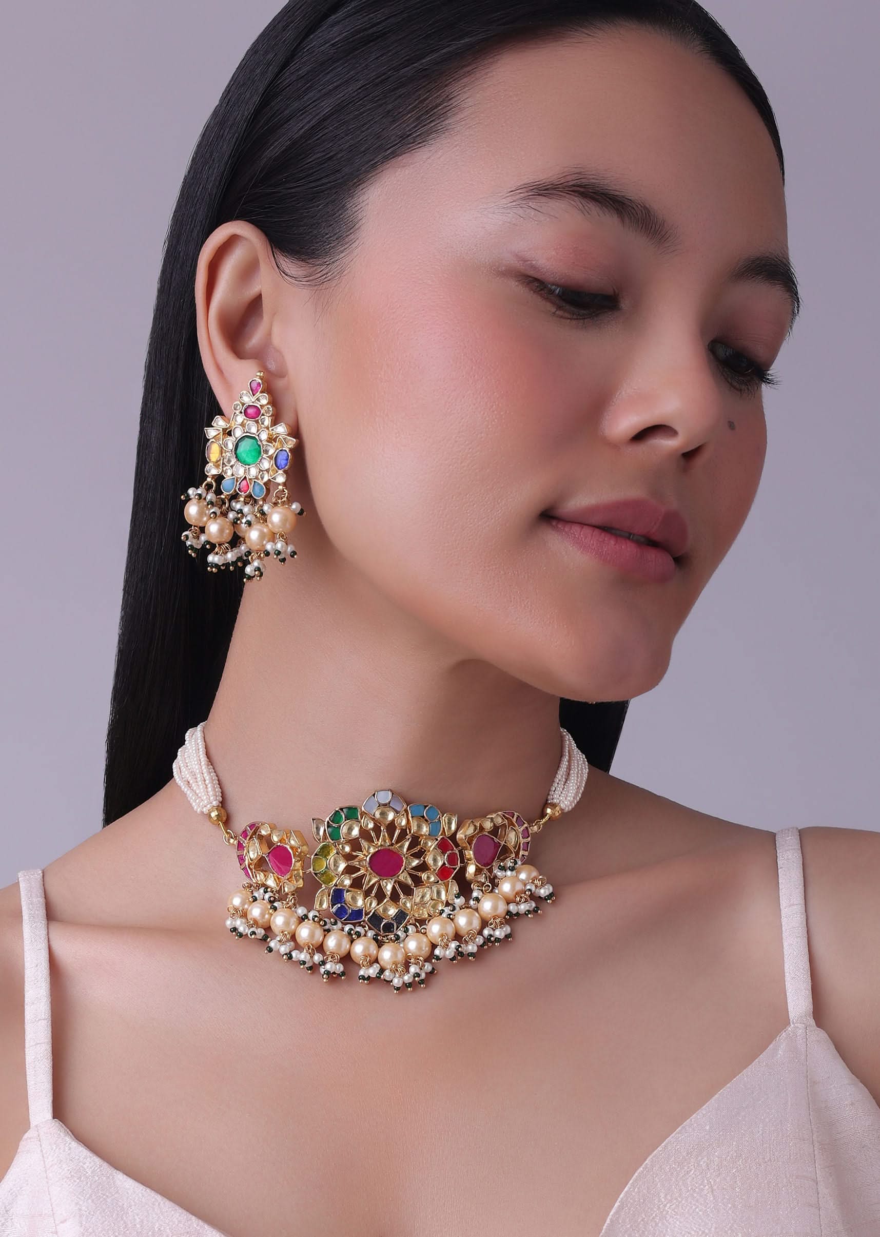 12300-gold-finish-kundan-polki-red-and-green-choker-set-with-beads-and-stones-2.jpg Gold Finish Kundan Polki Red And Green Choker Set With Beads And Stones