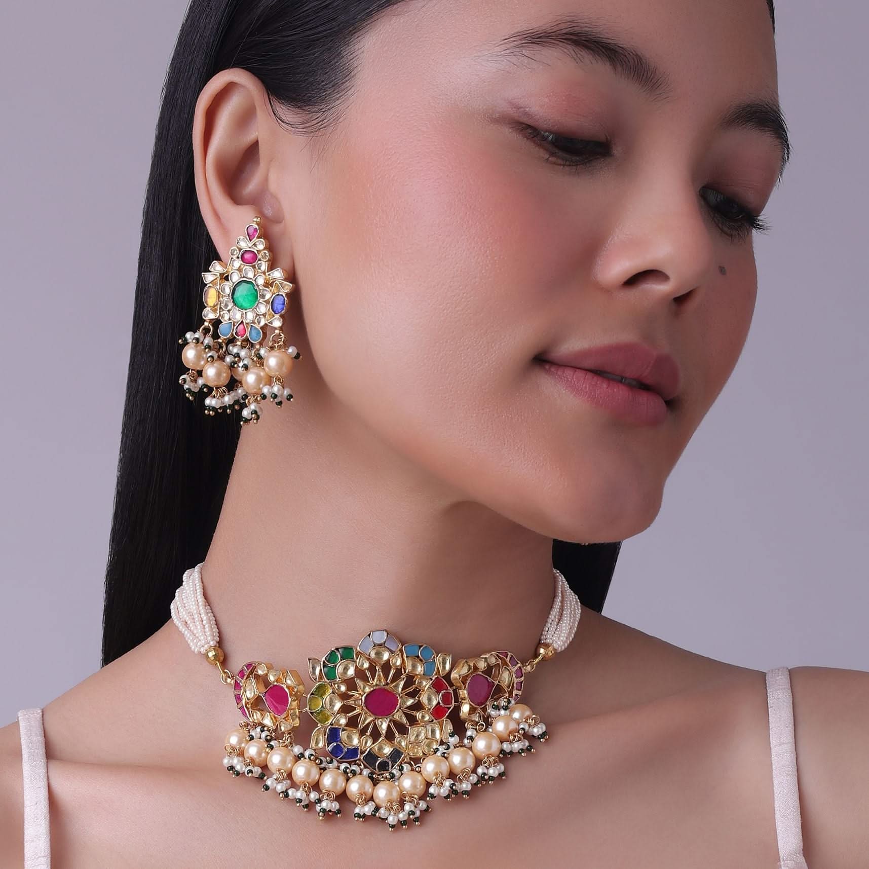 12300-gold-finish-kundan-polki-red-and-green-choker-set-with-beads-and-stones-3.jpg Gold Finish Kundan Polki Red And Green Choker Set With Beads And Stones