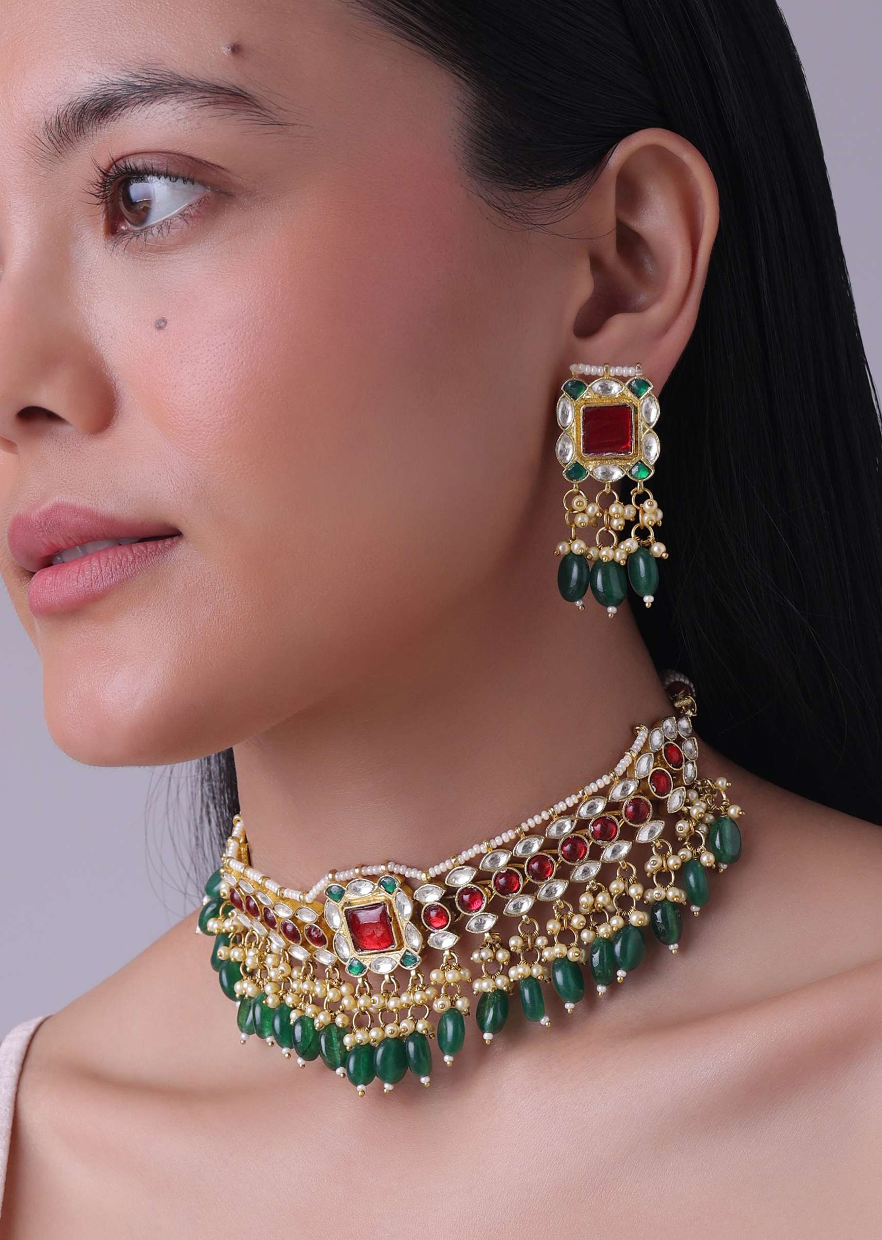 12300-gold-finish-kundan-polki-red-and-green-choker-set-with-beads-and-stones-4.jpg Gold Finish Kundan Polki Red And Green Choker Set With Beads And Stones