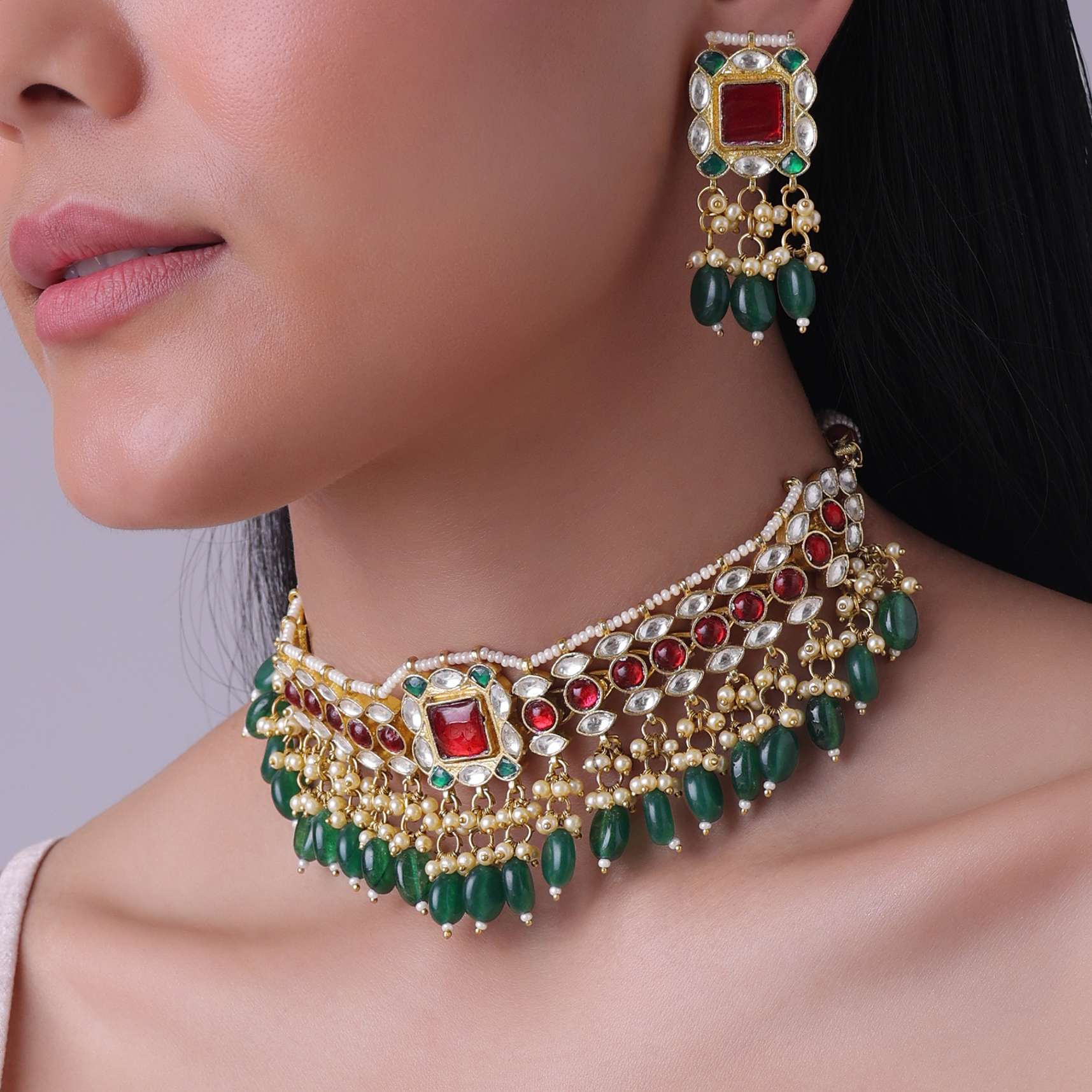 12300-gold-finish-kundan-polki-red-and-green-choker-set-with-beads-and-stones-5.jpg Gold Finish Kundan Polki Red And Green Choker Set With Beads And Stones
