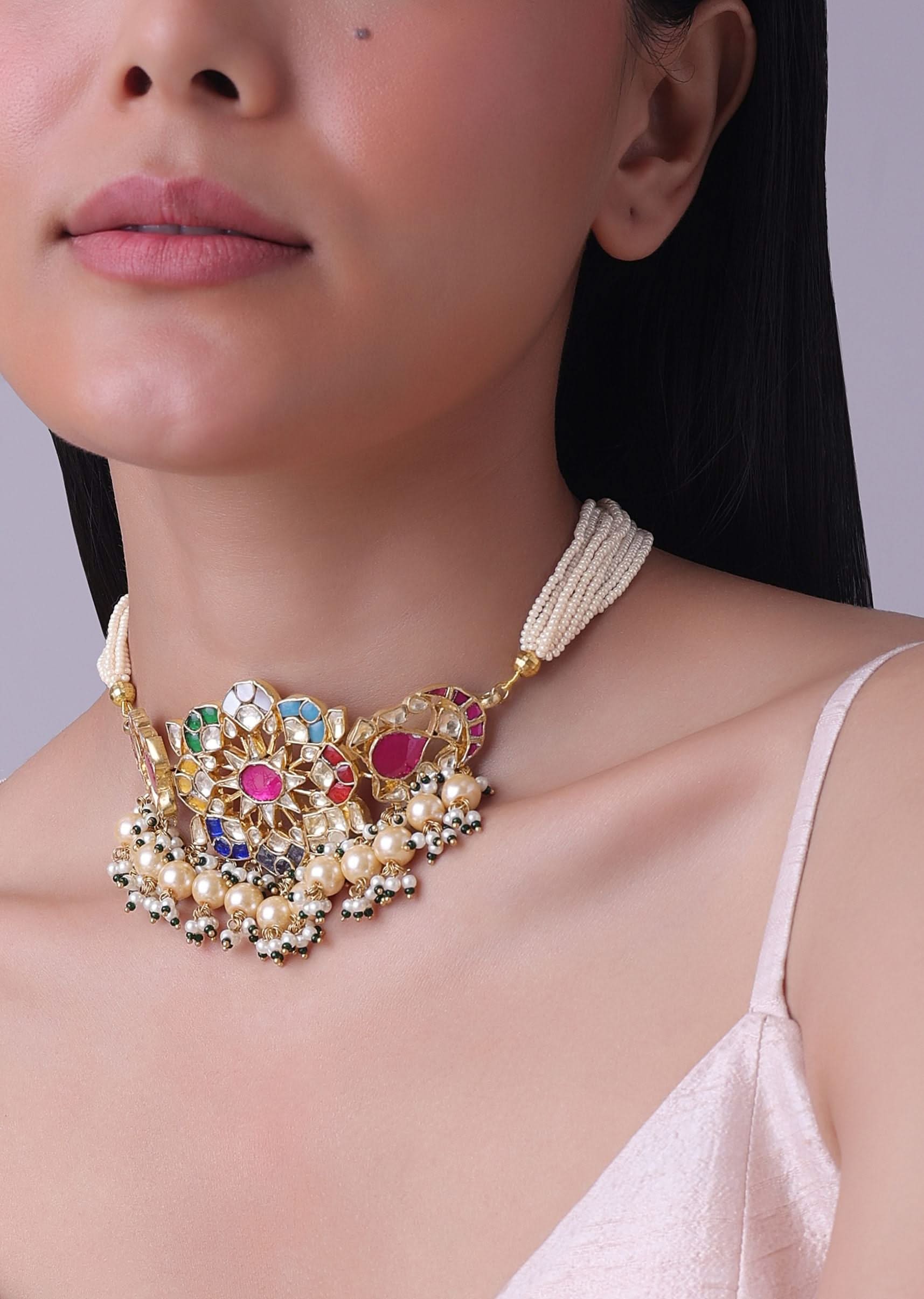 12300-gold-finish-kundan-polki-red-and-green-choker-set-with-beads-and-stones-6.jpg Gold Finish Kundan Polki Red And Green Choker Set With Beads And Stones