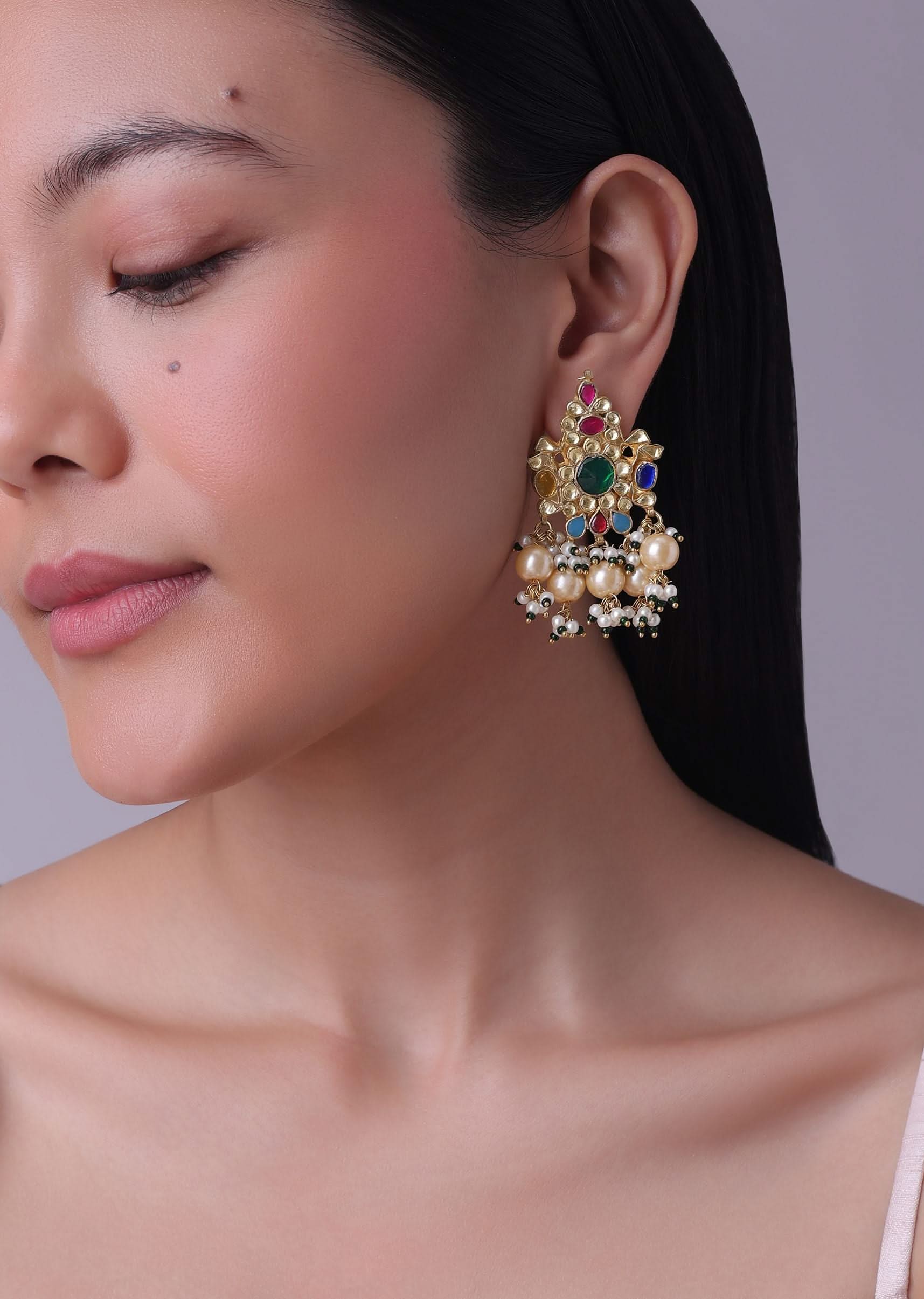 12300-gold-finish-kundan-polki-red-and-green-choker-set-with-beads-and-stones-8.jpg Gold Finish Kundan Polki Red And Green Choker Set With Beads And Stones