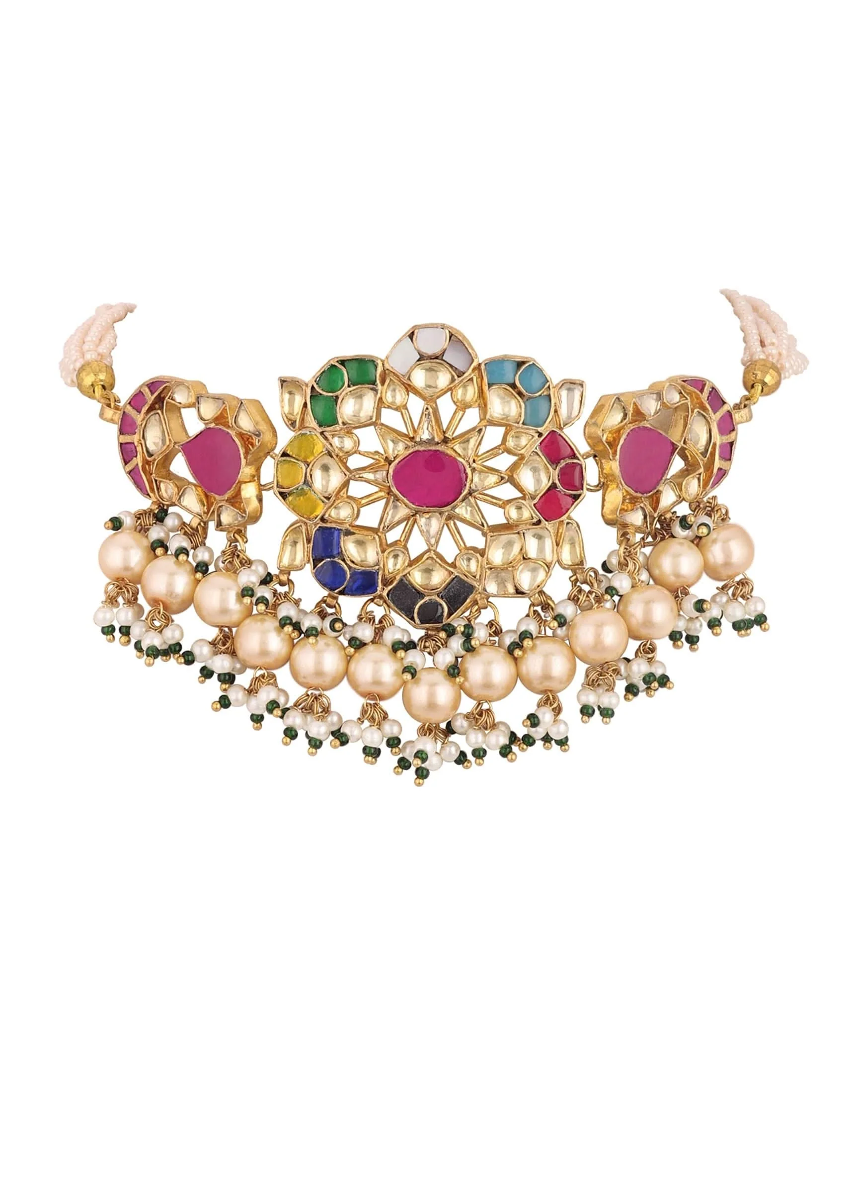 12300-gold-finish-kundan-polki-red-and-green-choker-set-with-beads-and-stones-9.webp Gold Finish Kundan Polki Red And Green Choker Set With Beads And Stones