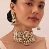 12301-gold-finish-kundan-polki-pearl-white-choker-set-with-pearls-and-red-beads-1.jpg Gold Finish Kundan Polki Pearl White Choker Set With Pearls and Red Beads